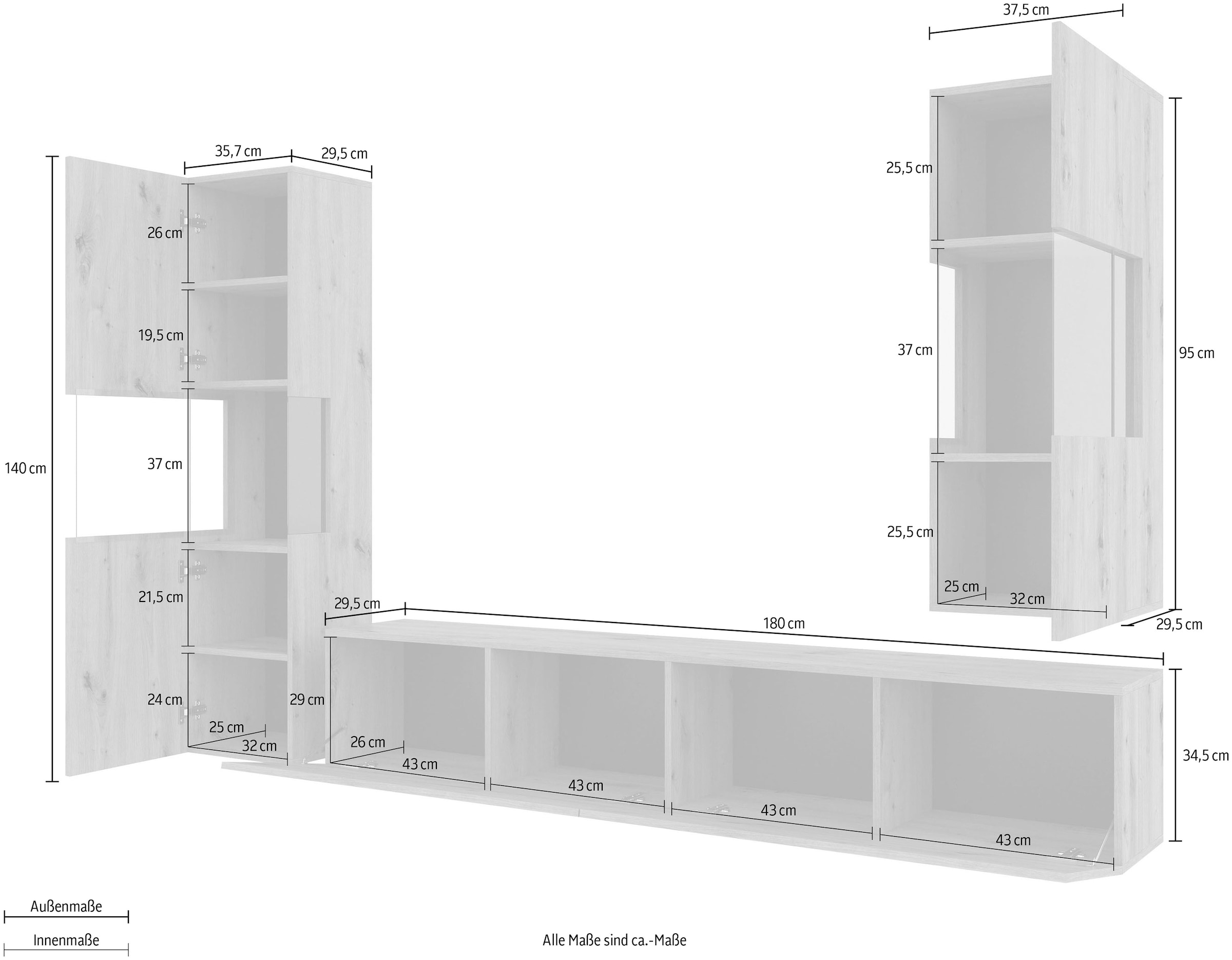 INOSIGN Wohnwand »Ava, Wohnzimmer-Set hängend/stehend montierbar, Vitrine, Lowboard«, 3-tlg.