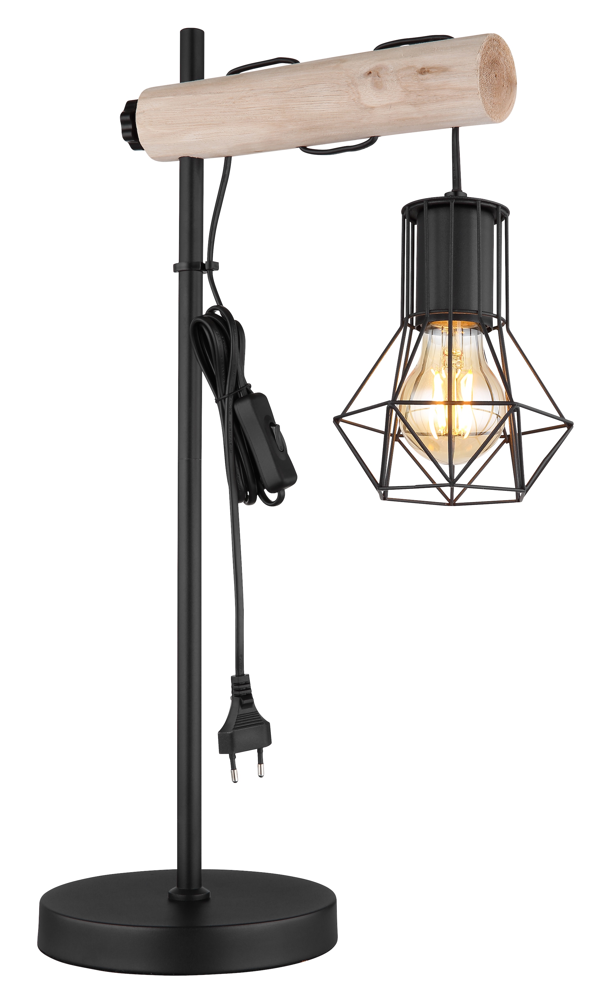 GLOBO LIGHTING Tischleuchte »PRISKA« E27 1 Stk. mit Holz natur und Metallgeflecht, höhenverstellbar