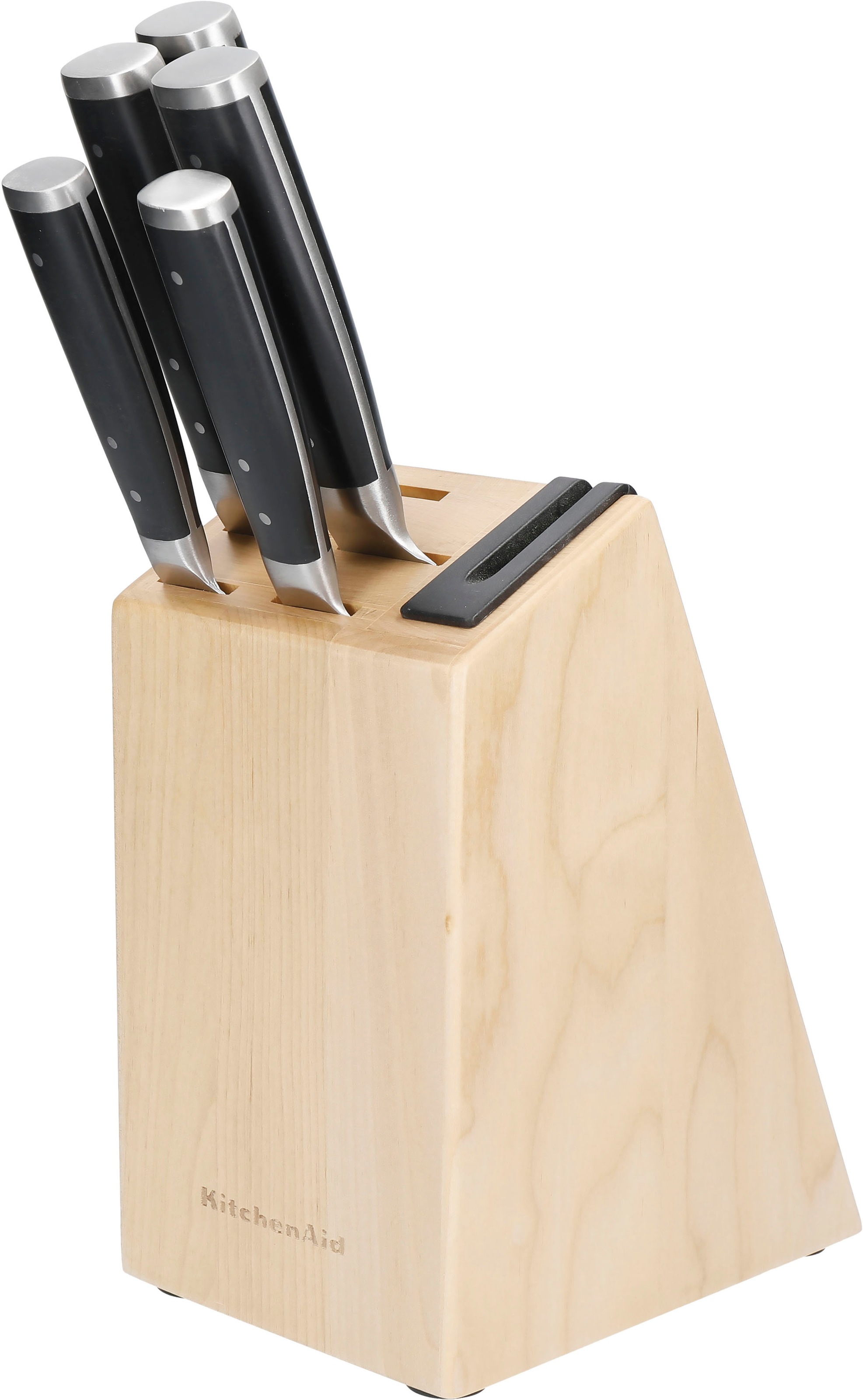 KitchenAid Messerblock "Gourmet" 5 Stk. Messer japanischer Stahl, integrierter Messerschärfer, Birkenholzblock