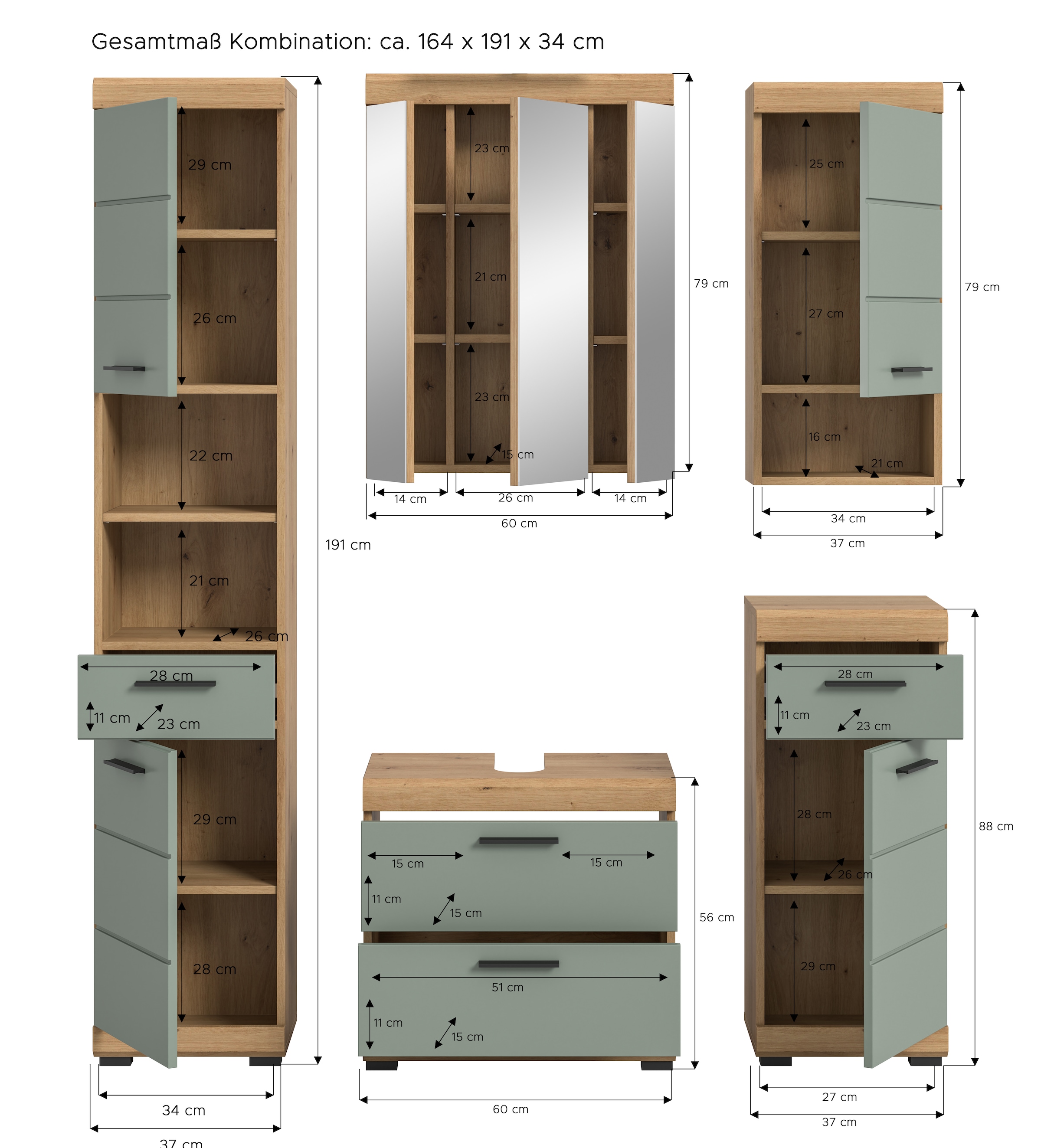 INOSIGN Badmöbel-Set »Siena, 5 teilig, bestehend aus:«, (Set), Hochschrank, WBU, Spiegelschrank, Unterschrank, Hängeschrank