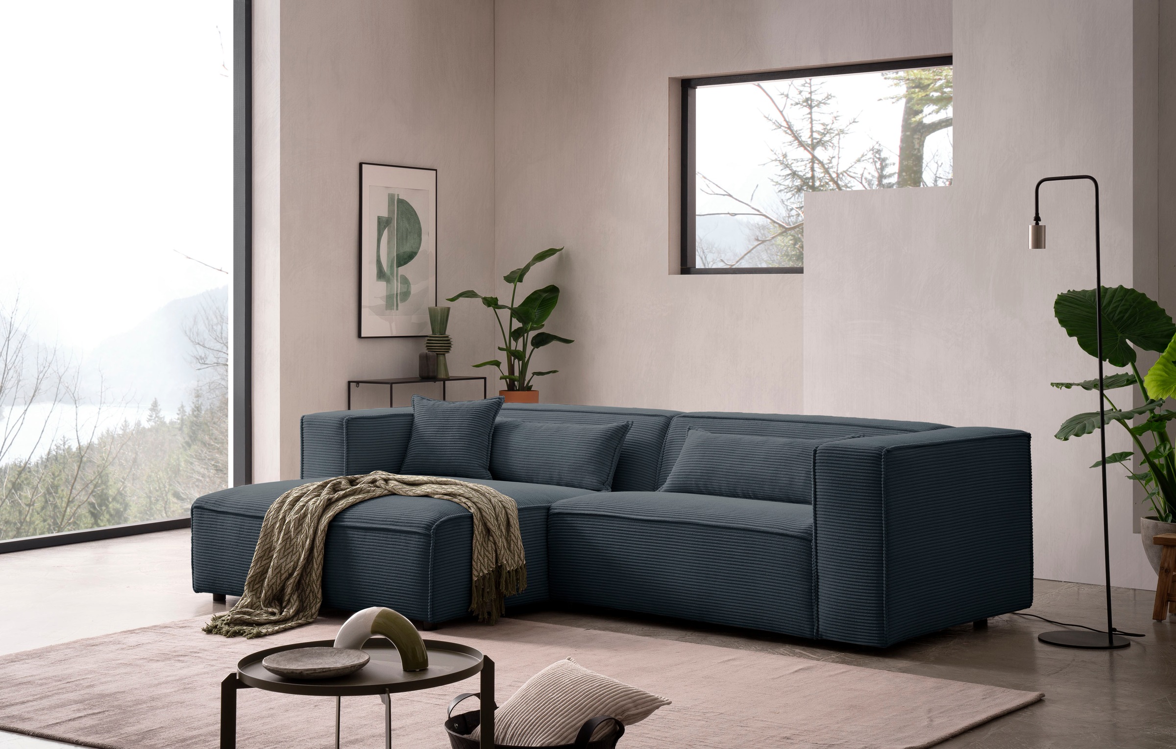 LeGer Home by Lena Gercke Ecksofa "PIARA Cord mit Kedernaht L-Form" wahlweise Ottomane rechts/links, schwarze Füße, bequemer Sitzkomfort