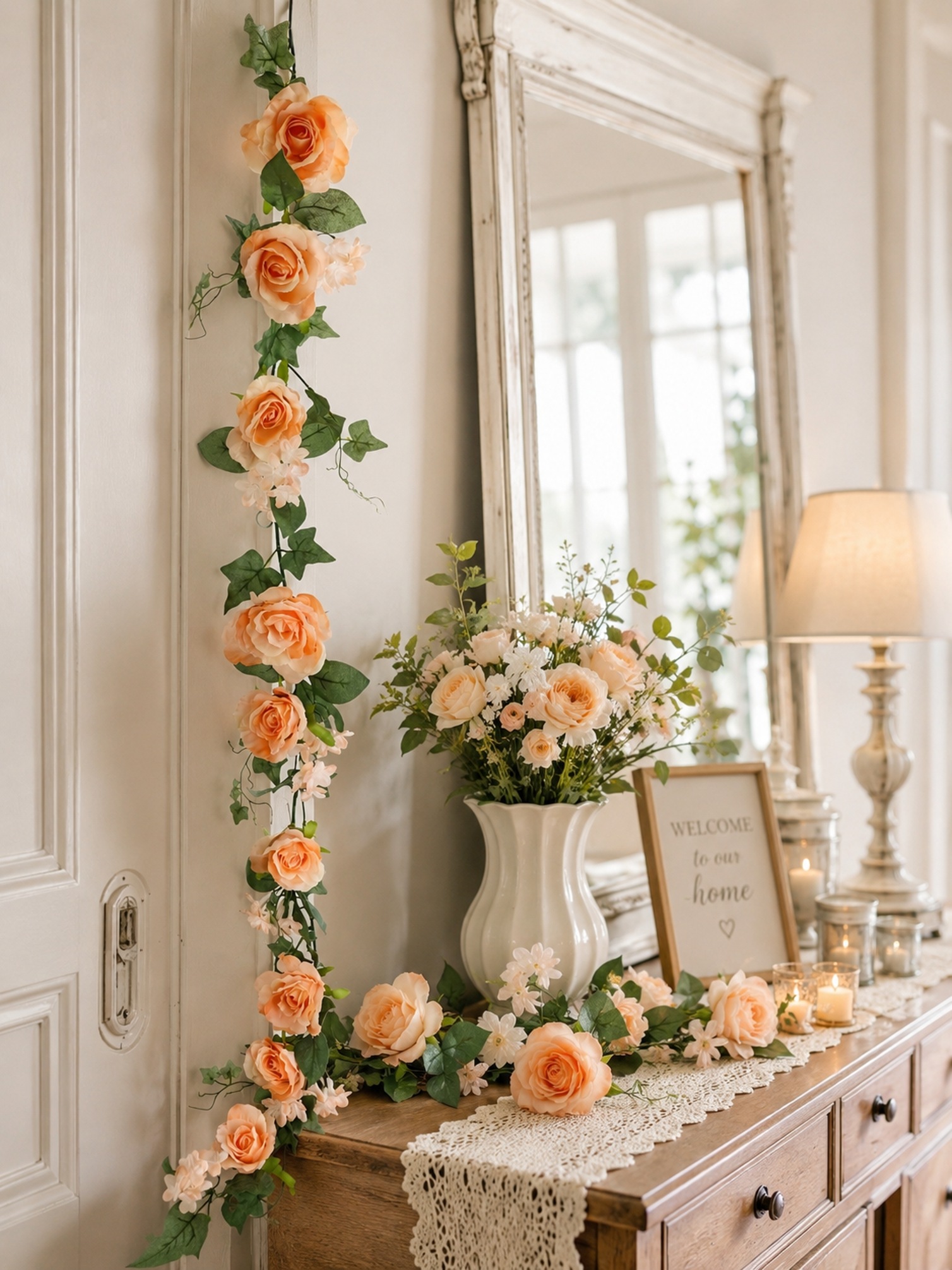 I.GE.A. Kunstblume »Girlande Rosen mit Blüten 185cm für Hochzeit Party Garten Geburtstag« Rosengirlande Pflanze Dekoblume Blumengirlande Künstlich Seidenblumen