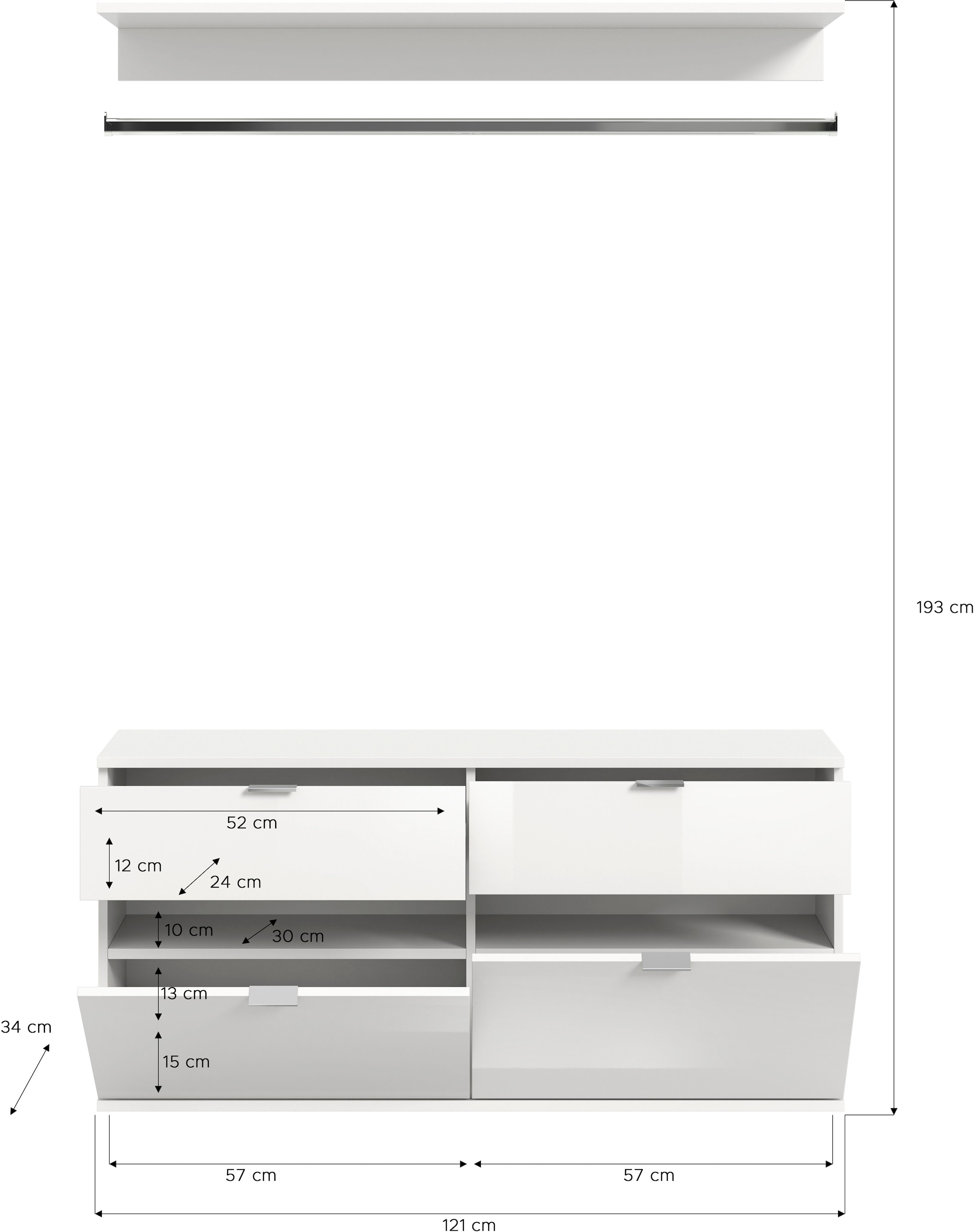 INOSIGN Garderoben-Set »Trondheim, Breite 121 cm, best. aus Kommode, Garderobenstange & Ablage«, (3 St.), Zwischenbauelement für Hochschränke der Serie Trondheim