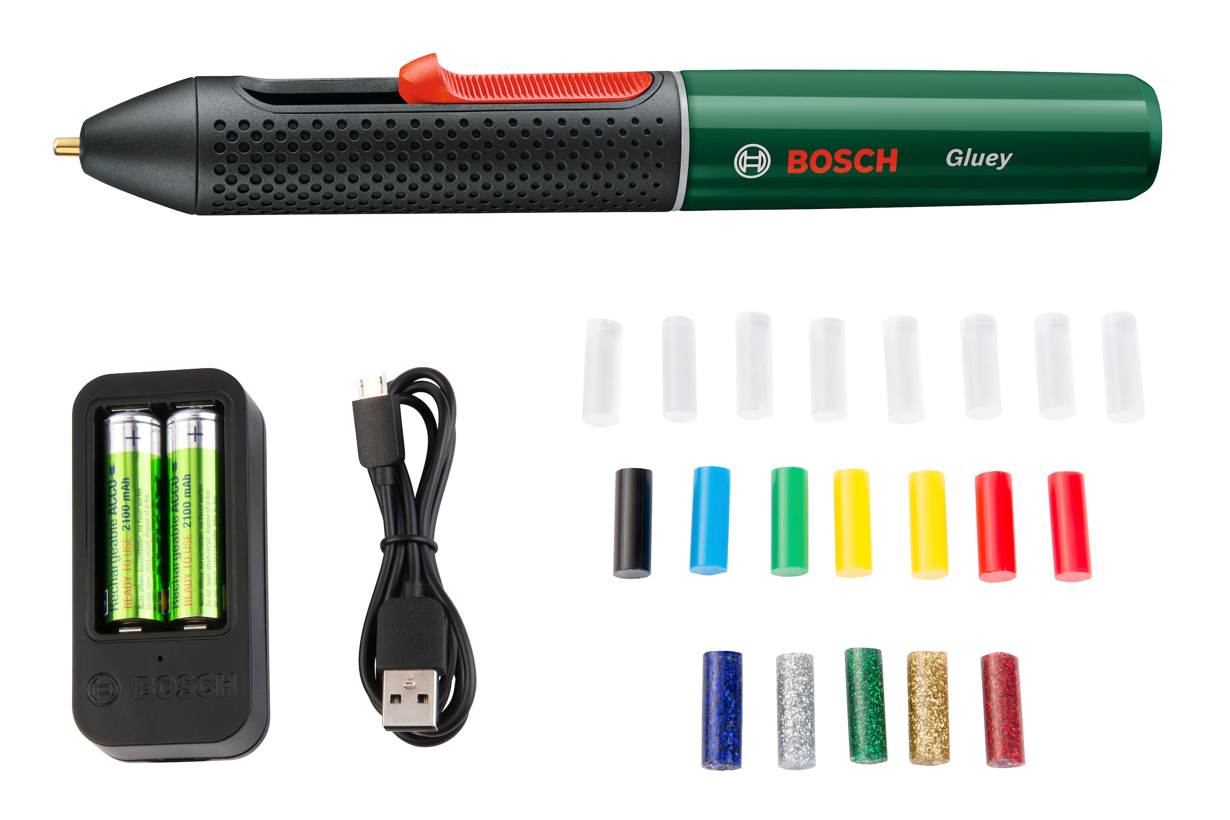 Bosch Home & Garden Heißklebestift »Gluey, pink«, (USB-Ladegerät & -Kabel, 2x1,2 V HR06 (AA) Akkus), inkl. 20 Mini-Klebesticks in vielen Farben