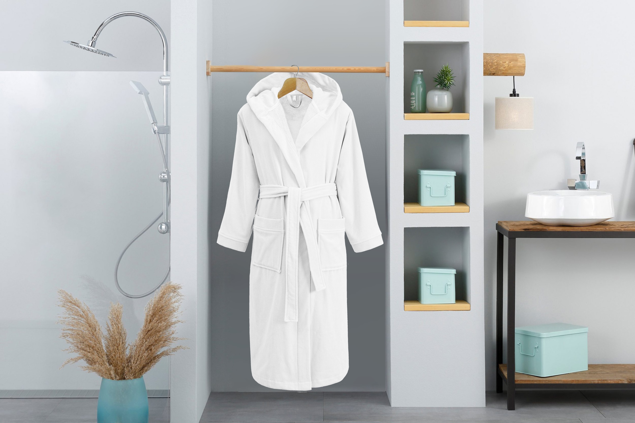 OTTO home Unisex-Bademantel »Fenya, 330 g/m², ideal für Sauna & Spa, Hotelbademantel, Morgenmantel«, (1 St.), Reißverschlusstaschen, weich mit GRATIS-Zugabe: 1x Duschtuch 70x140 cm
