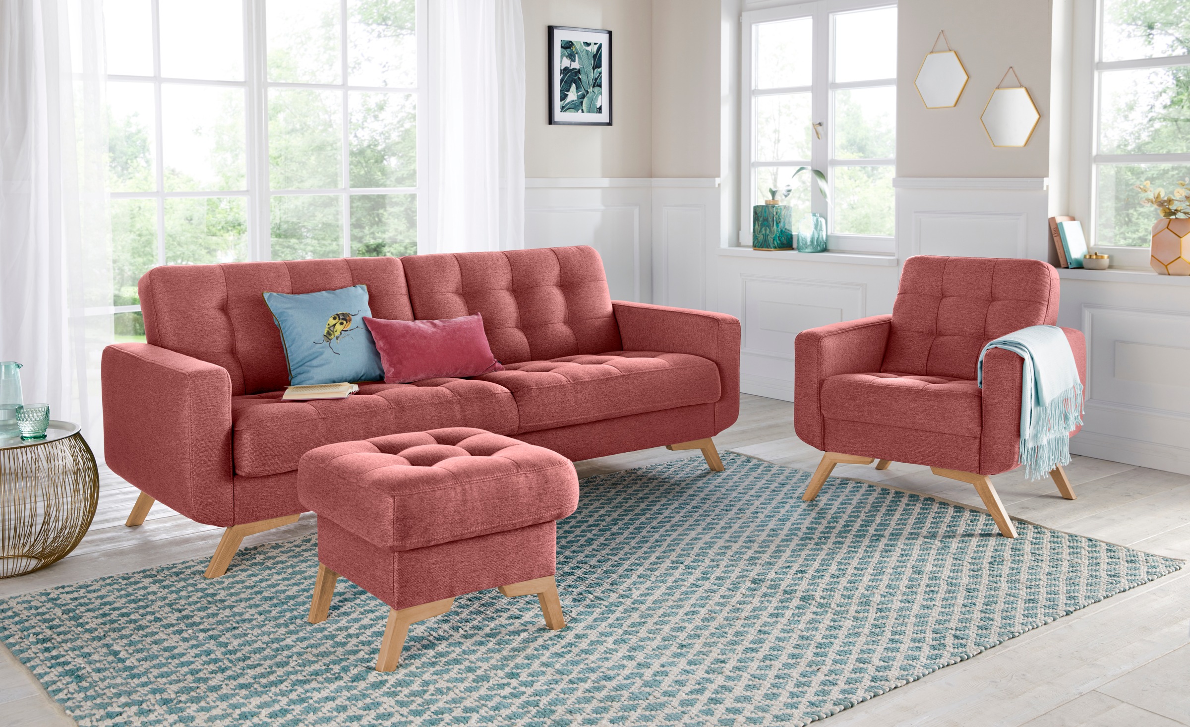 exxpo - sofa fashion 3-Sitzer »Fiord, aktuelles Design, tolle Detailverarbeitung im Sitz und Rücken«, bequem, wahlweise Kippcouch mit Bettfunktion und Bettkasten, Holzfuß