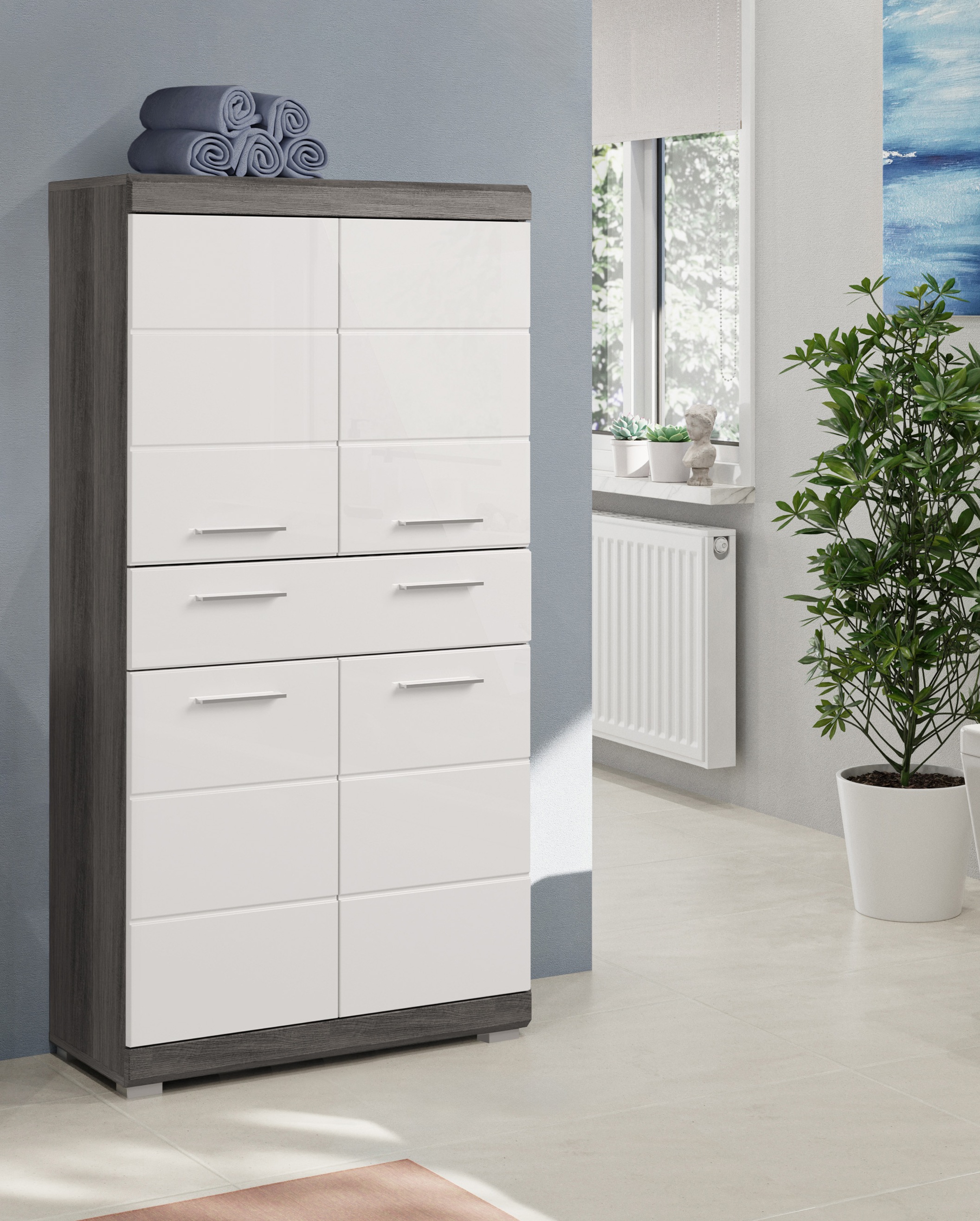 welltime Midischrank "SIENA, Breite 74cm, 4 Türen, 1 Schubkasten, 4 Fächer, günstig online kaufen
