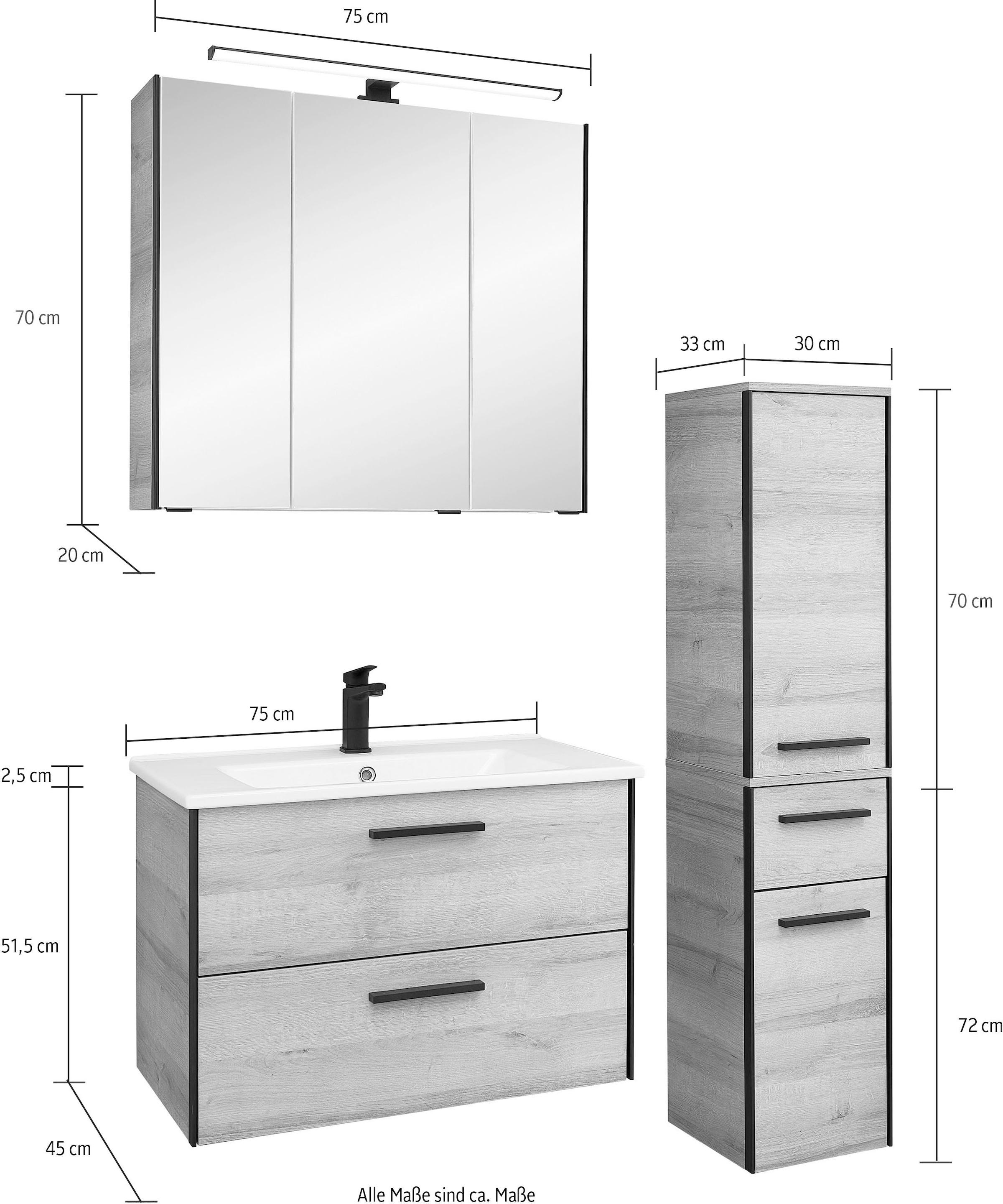 Saphir Badmöbel-Set »Quickset 395 3-teilig, Keramikwaschtisch mit LED-Spiegelschrank«, (5 St.), Midischrank, inkl. Türdämpfer, 5 Türen, 3 Schubladen, Bad-Set
