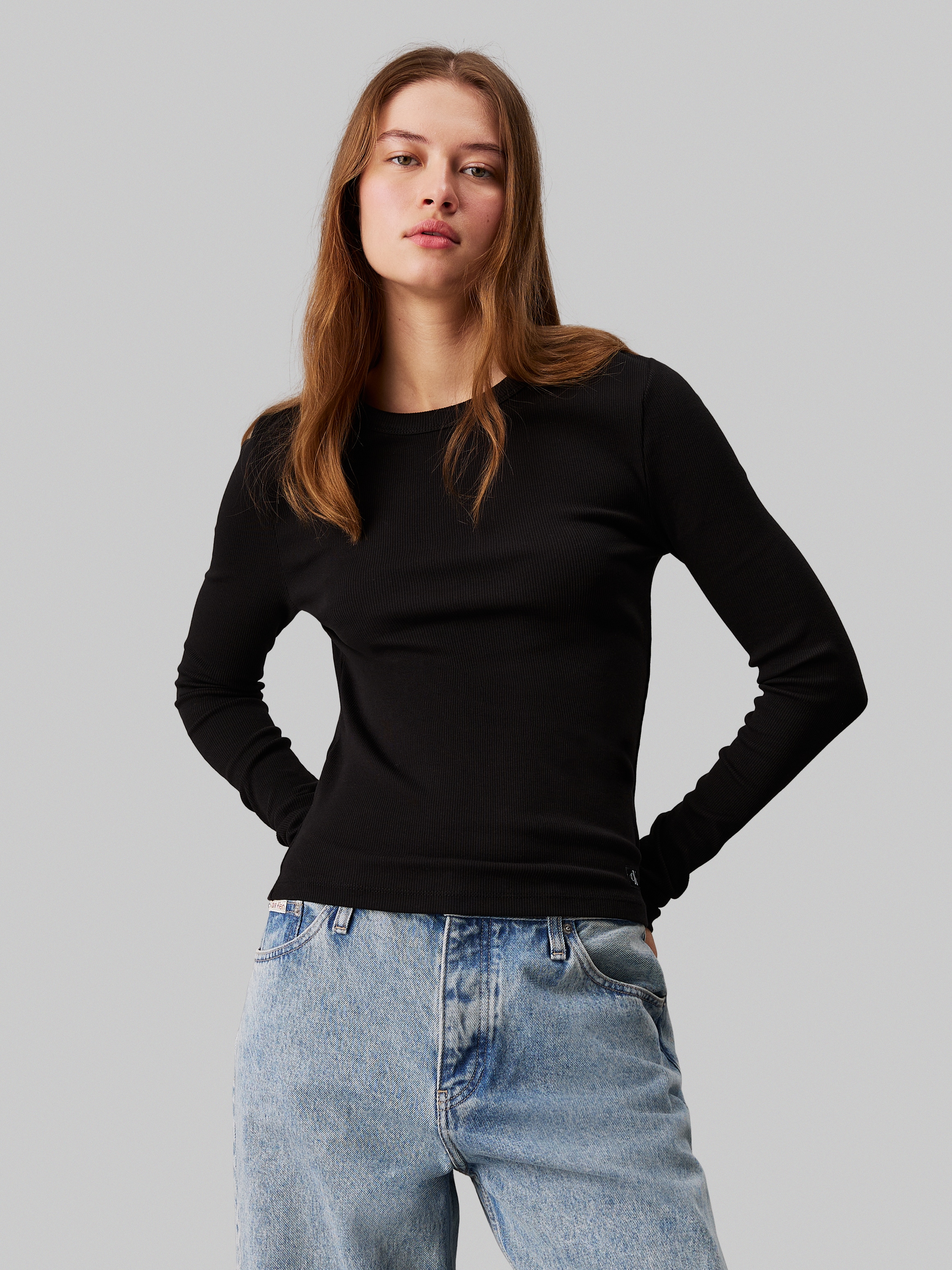 Calvin Klein Jeans Langarmshirt "WOVEN LABEL RIB LONG SLEEVE", mit Logopatc günstig online kaufen