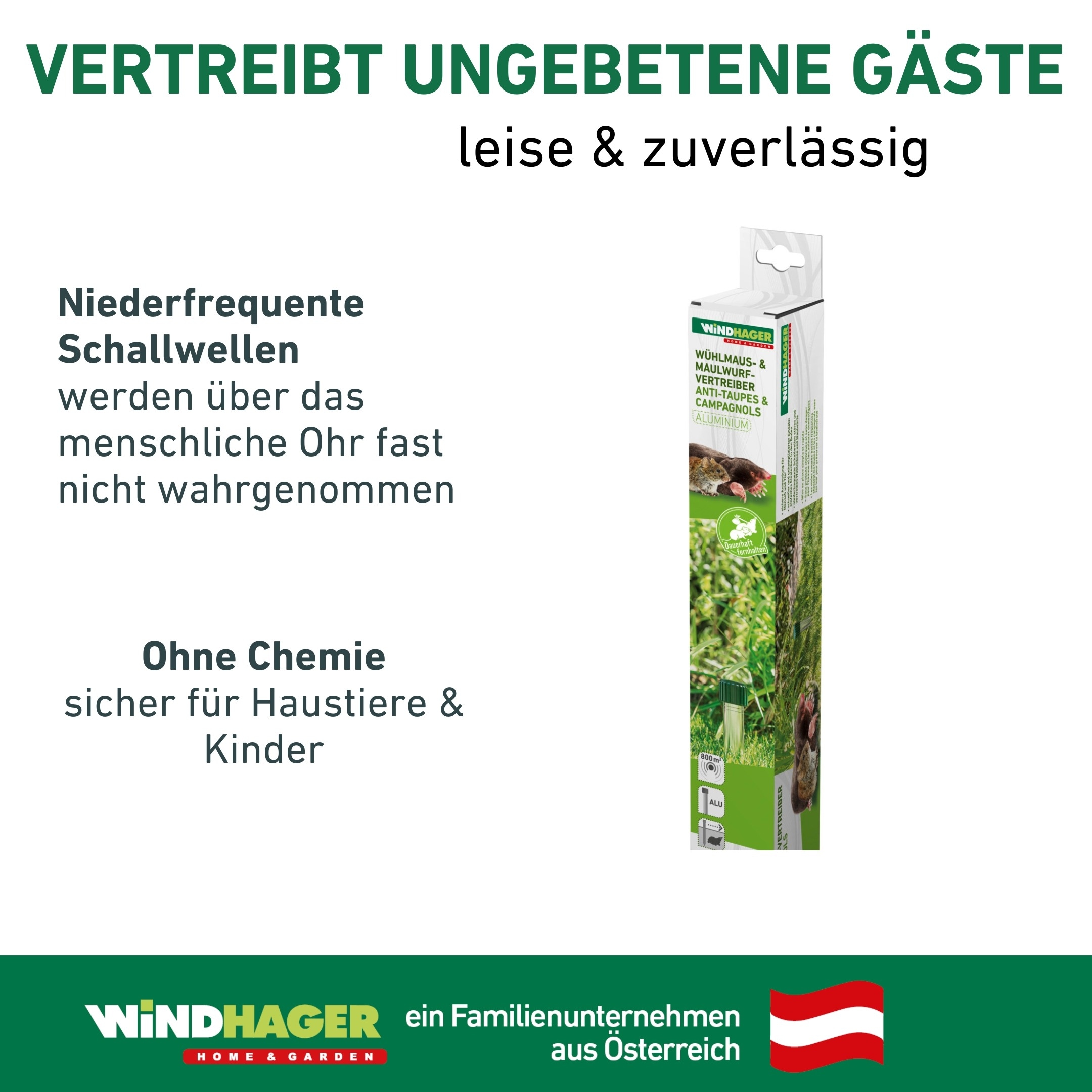 Windhager Ultraschall-Tierabwehr »Maulfwurfschreck und Wühlmausvertreiber Aluminium, batteriebetrieben« Wirkungsbereich 800 m² mit niederfrequenten Schallwellen
