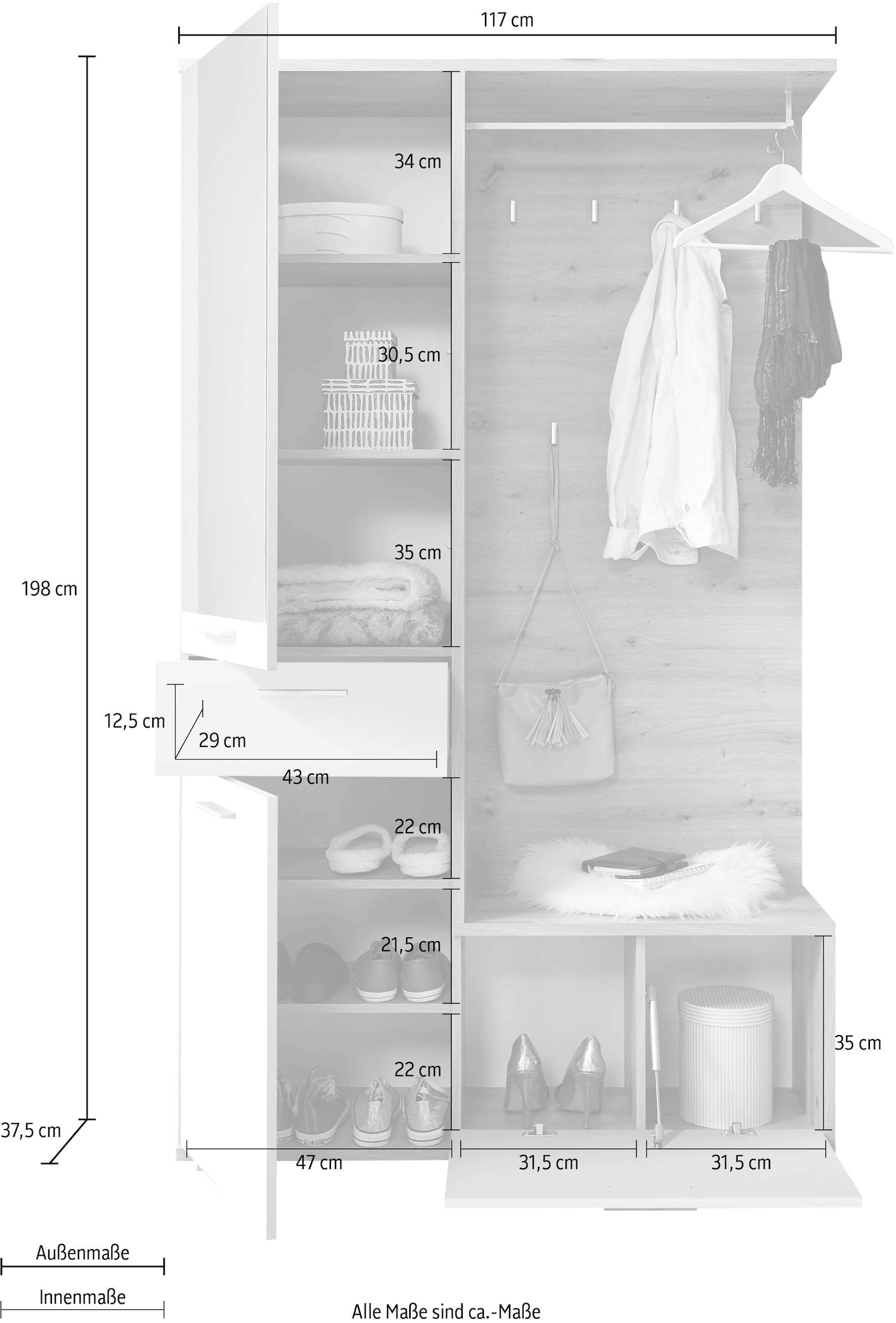 HBZ Kompaktgarderobe »Entra Garderobe, BxHxT 117x198x38 cm«, (3 St.), mit Spiegel und Schubkasten