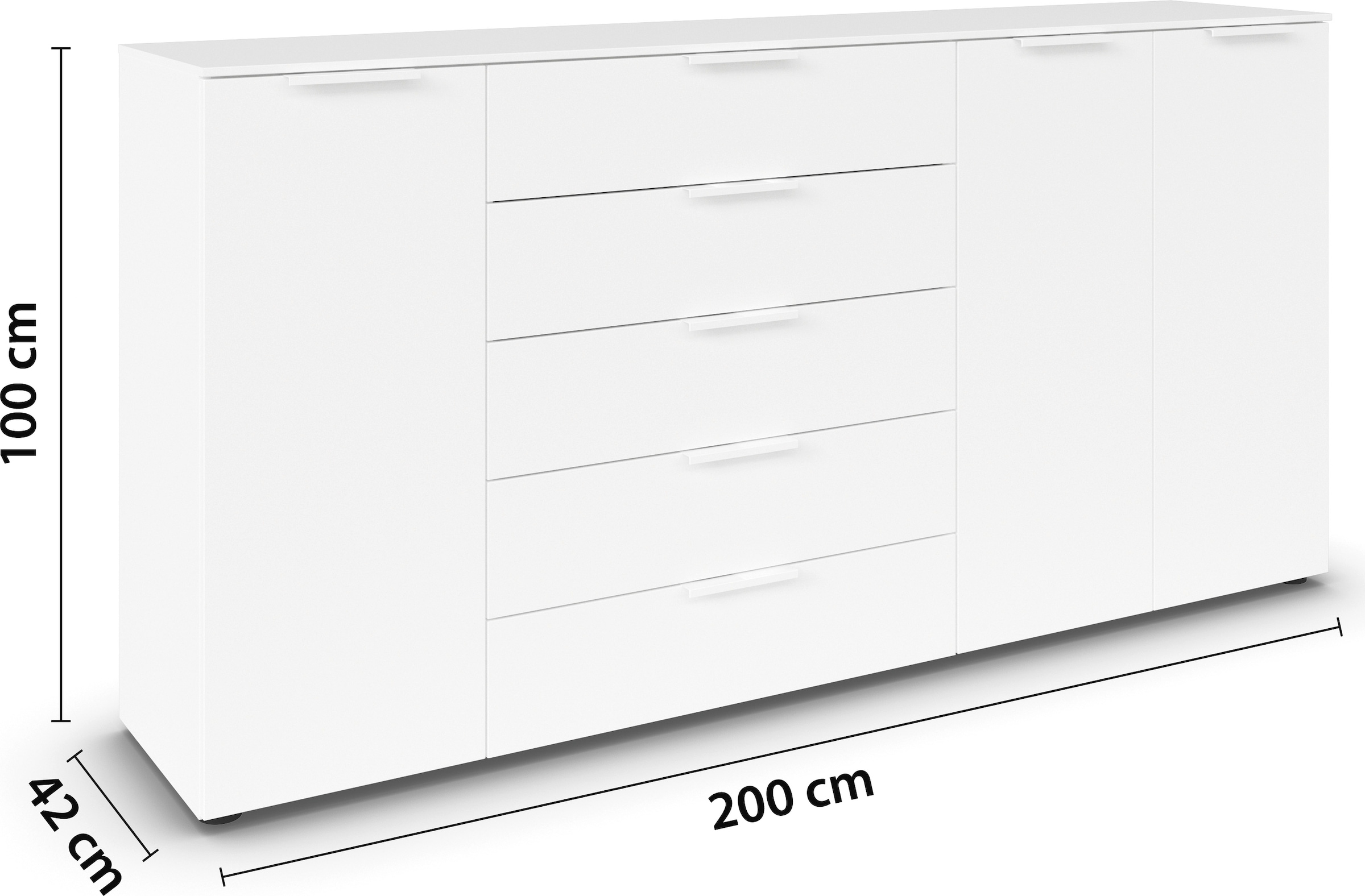 rauch Schubkastenkommode »Kommode Türkommode Sideboard Kombikommode FLIPP«, (Breite 200 cm mit 4 Einlegeböden), 3-türig mit 5 Schubladen und Soft-Close-Funktion