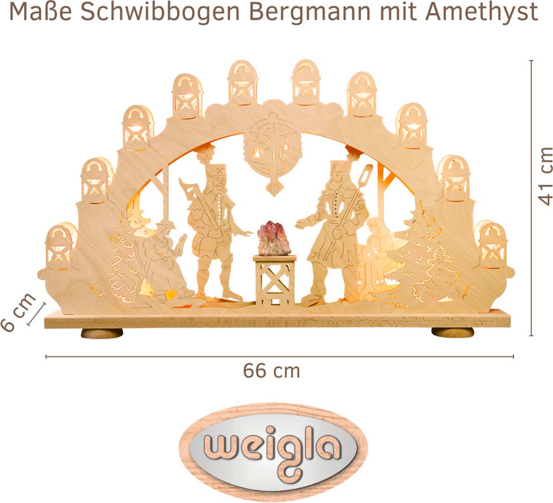 Weigla Schwibbogen »Bergmann mit Amethyst, Lichterbogen aus Holz, NATUR«, Erzgebirge garantiert, Weihnachtsdeko Innen, Weihnachtsbeleuchtung