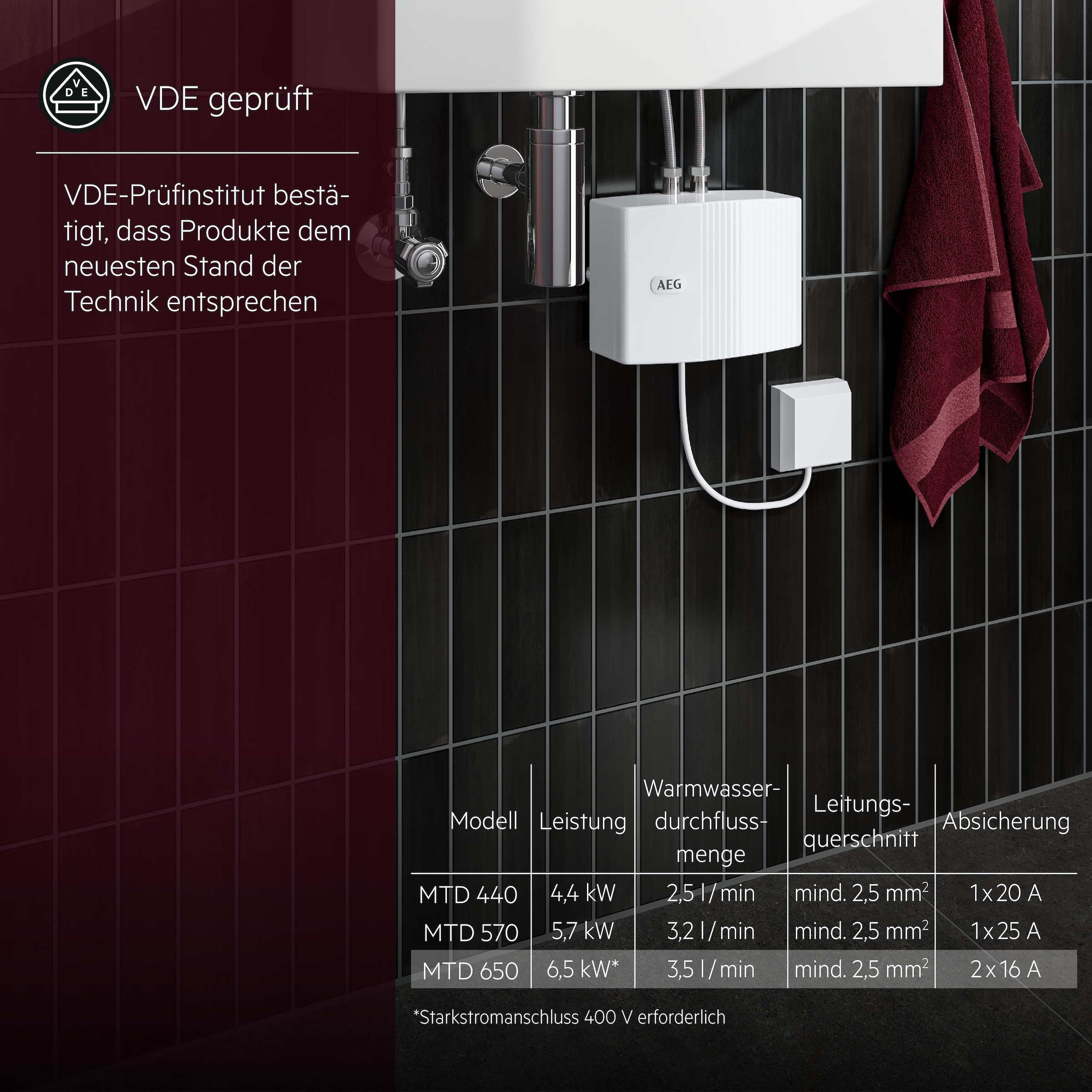 AEG Haustechnik Klein-Durchlauferhitzer »MTD 650 f. Handwaschbecken, 6,5 kW, o. Stecker« Festanschluss 230V, hydraulisch, druckfest + drucklos