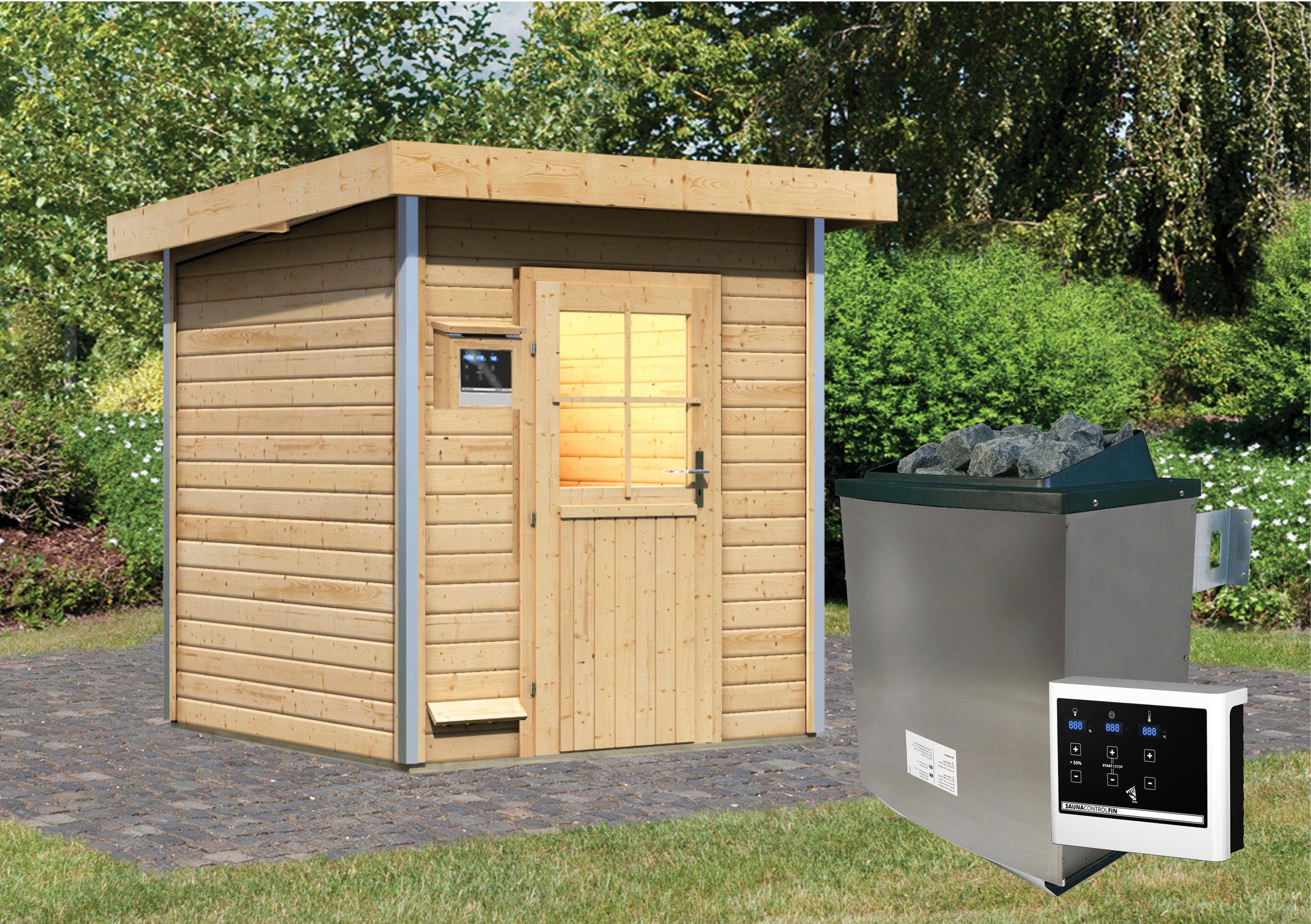 Karibu Saunahaus »Klaas«, klassiche Tür, Ofen 9 KW externe Strg Easy