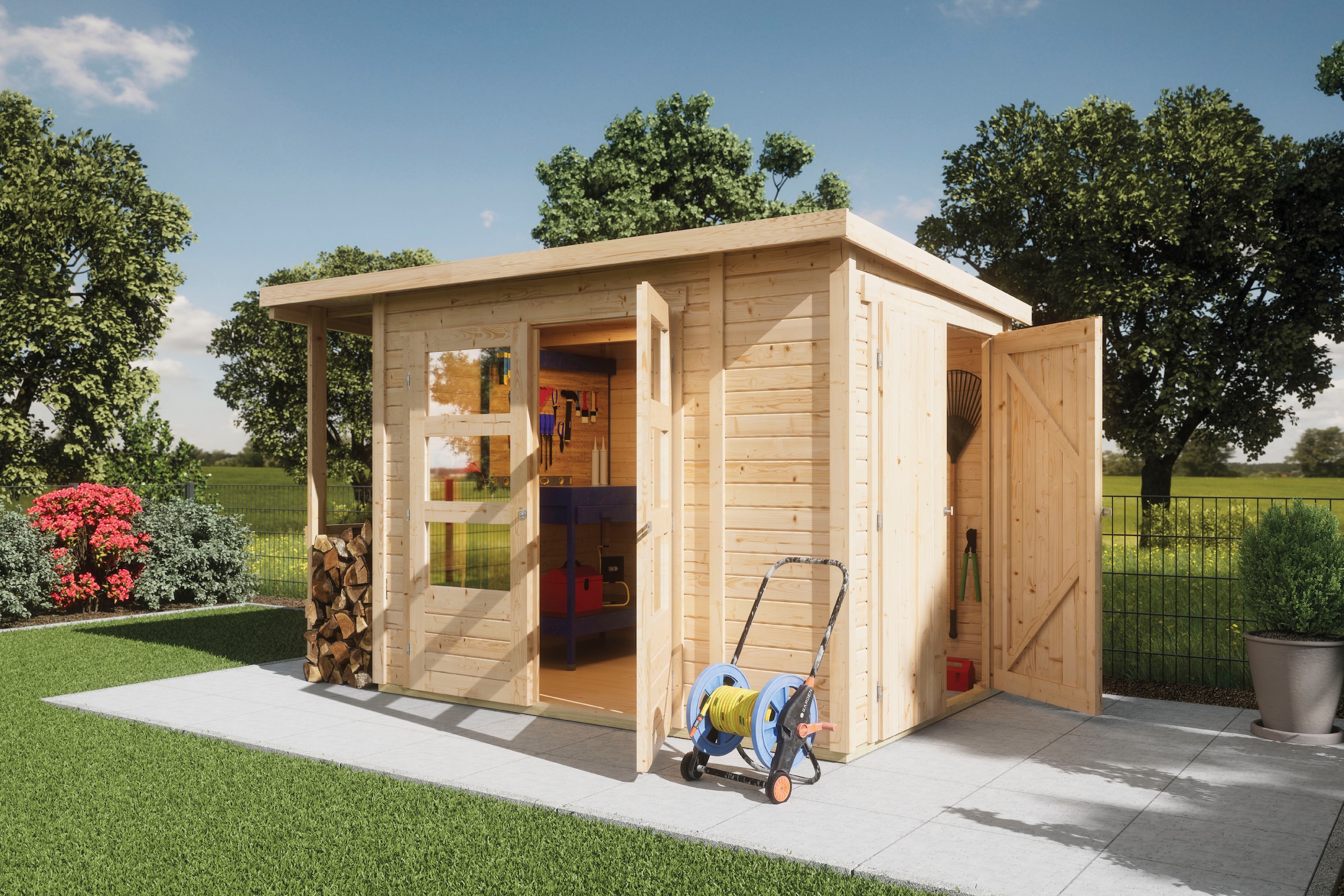 Karibu Gartenhaus "Multifunktionshaus 1 Pultdach" naturbelassen oder terragrau, Made in Germany