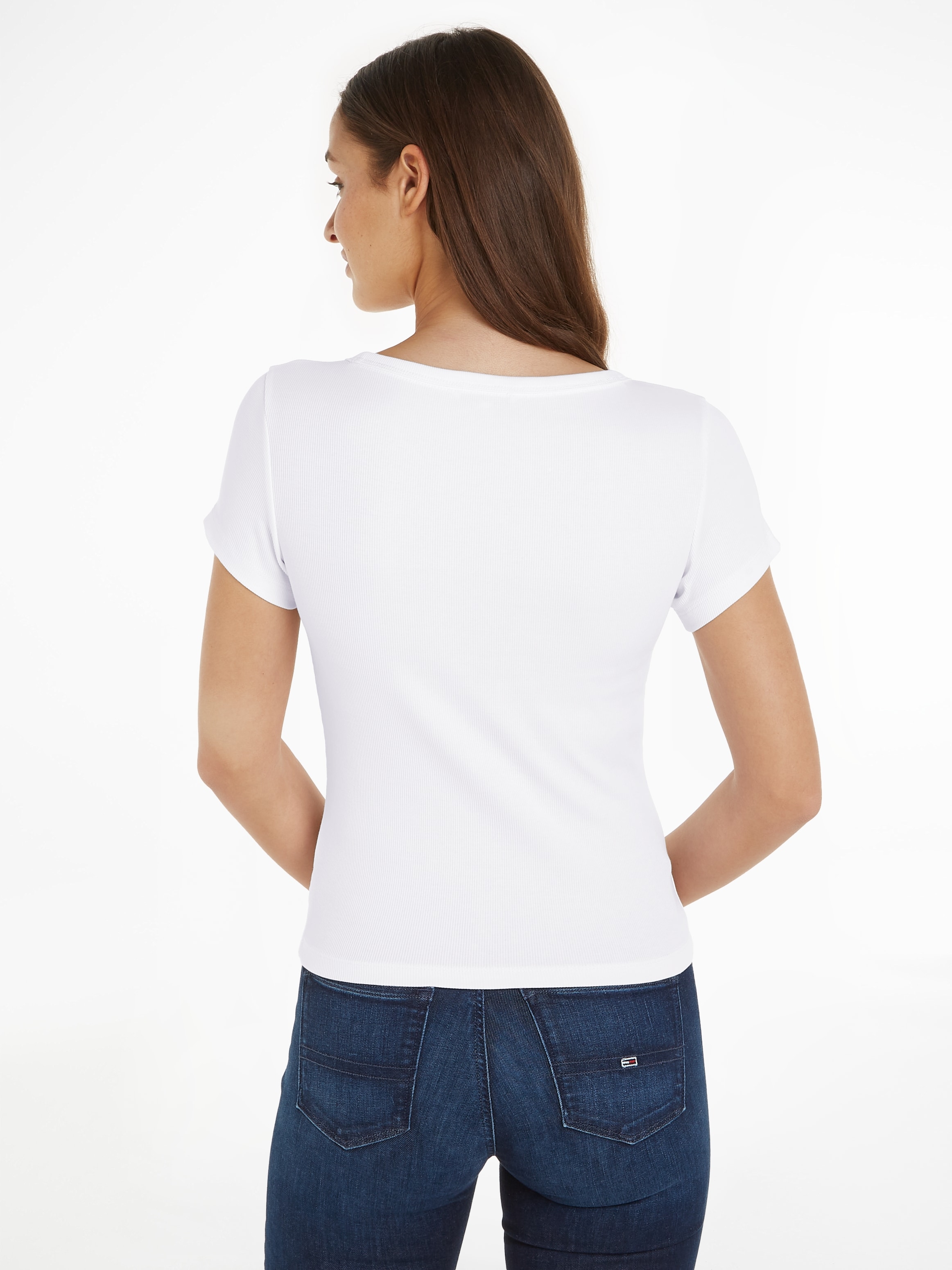 Tommy Jeans T-Shirt »Slim Essential Rib V-Neck Rippshirt«, mit Logostickerei