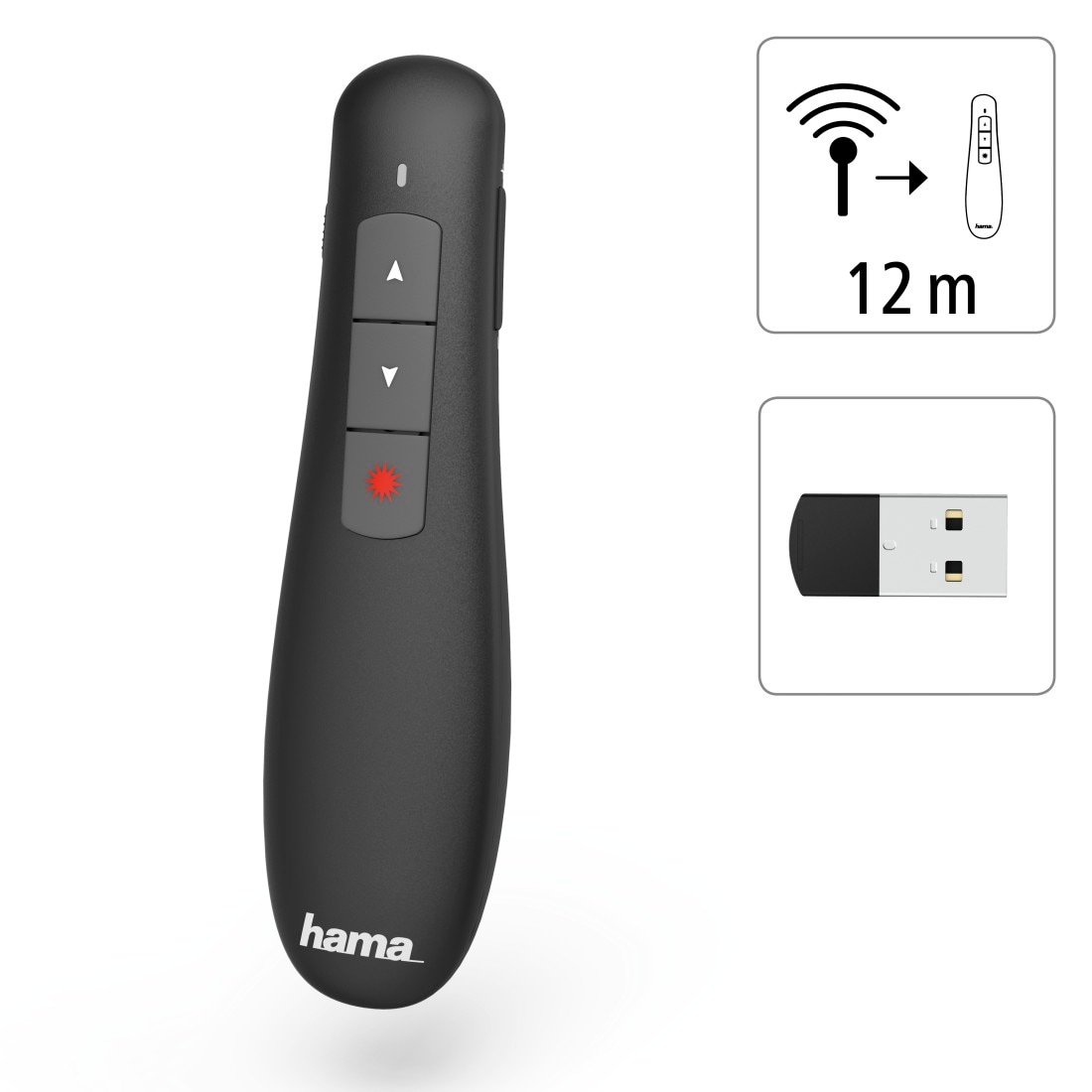 Hama Fernbedienung »Wireless-Laser Presenter, 12 m Reichweite, Laserpointer, Batterie«, USB-Empfänger verstaubar, Batteriebetrieb, Smart-Link