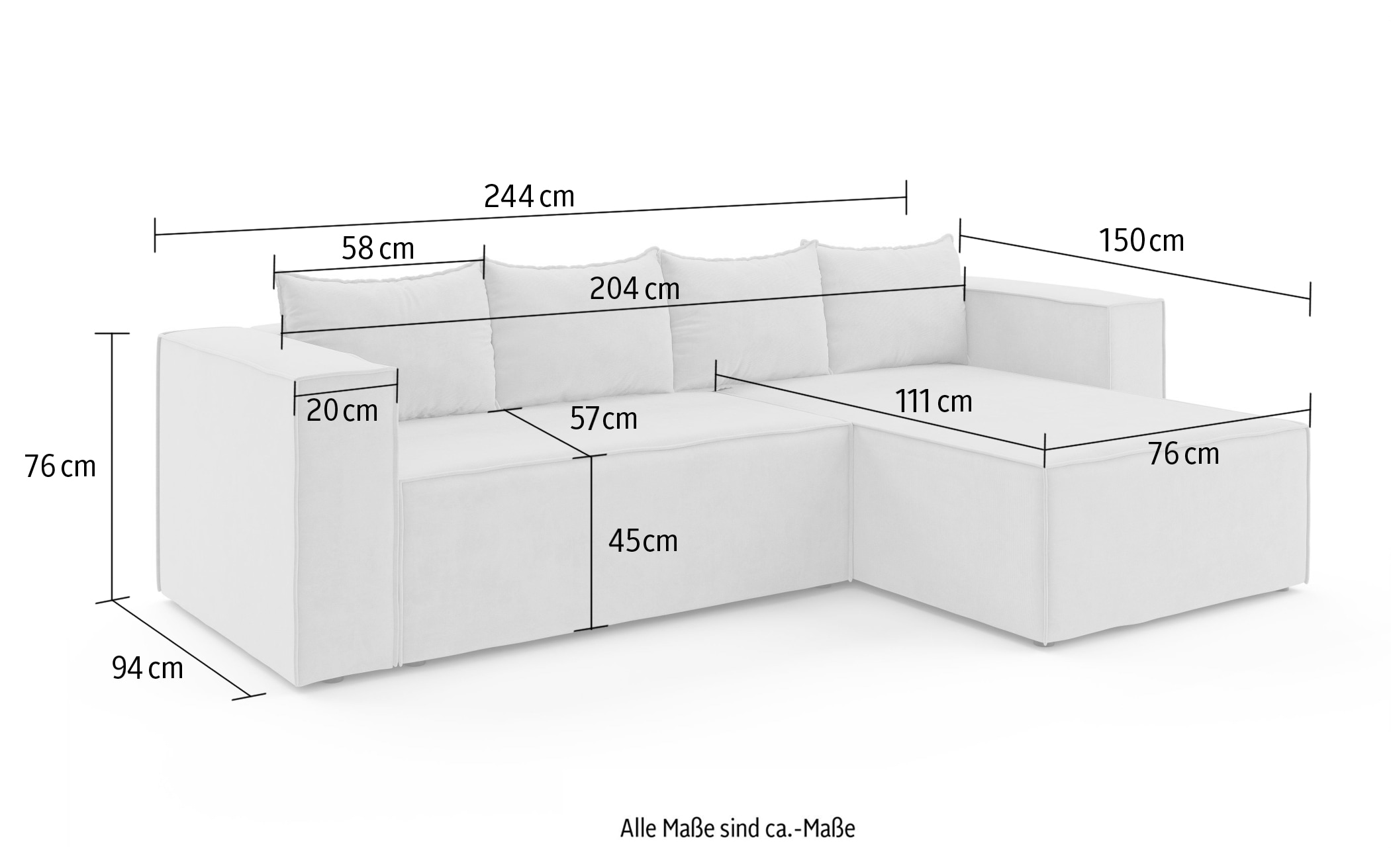 INOSIGN Ecksofa »LINCOLNVILLE mit Bettfunktion und Bettkasten, Maße B/H/T 244/76/150 cm«, L-Form mit Wellenunterfederung, Recamiere beidseitig montierbar