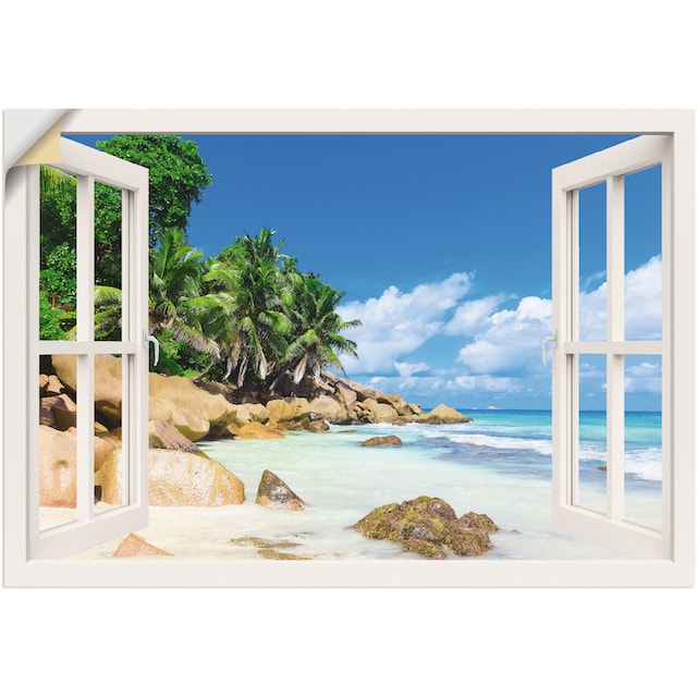 durchs »Küste Palmen Wandbild Leinwandbild, Wandaufkleber oder Karibikbilder, bestellen Größen | Artland Fenster«, (1 Alubild, in versch. mit BAUR als Poster St.),