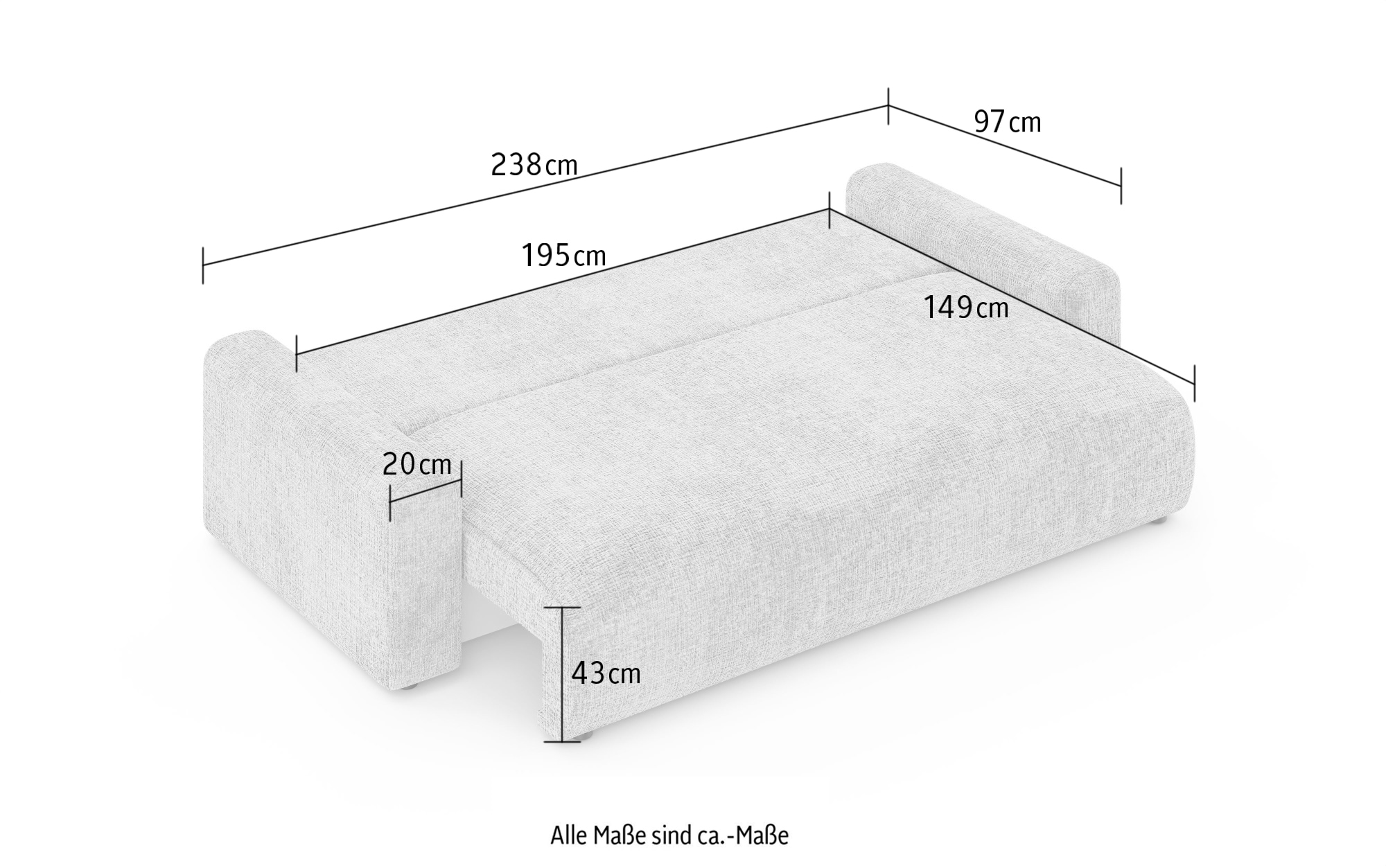 Home affaire Big-Sofa »LAKESIDE klein 3-Sitzer Schlafsofa mit Bettkasten, Breite 238 cm« Liegefläche 149x195 cm, hoher Sitzkomfort, Maße B/T/H: 238/98/85cm