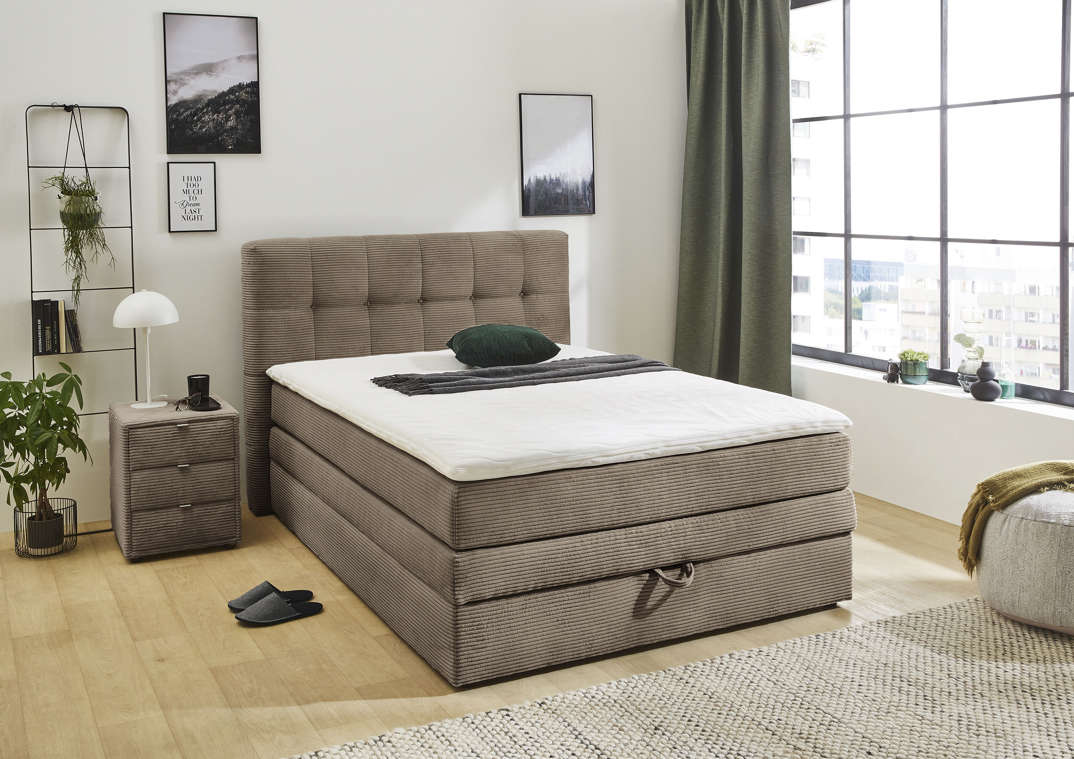 Jockenhöfer Gruppe Boxspringbett "AMY mit Bettkasten, inkl. Bonnell- oder Taschenfederkernmatratze H2-H4" mit 6 cm Kaltschaum-Topper, Cord-Bezug, 120x200 und 140x200 cm