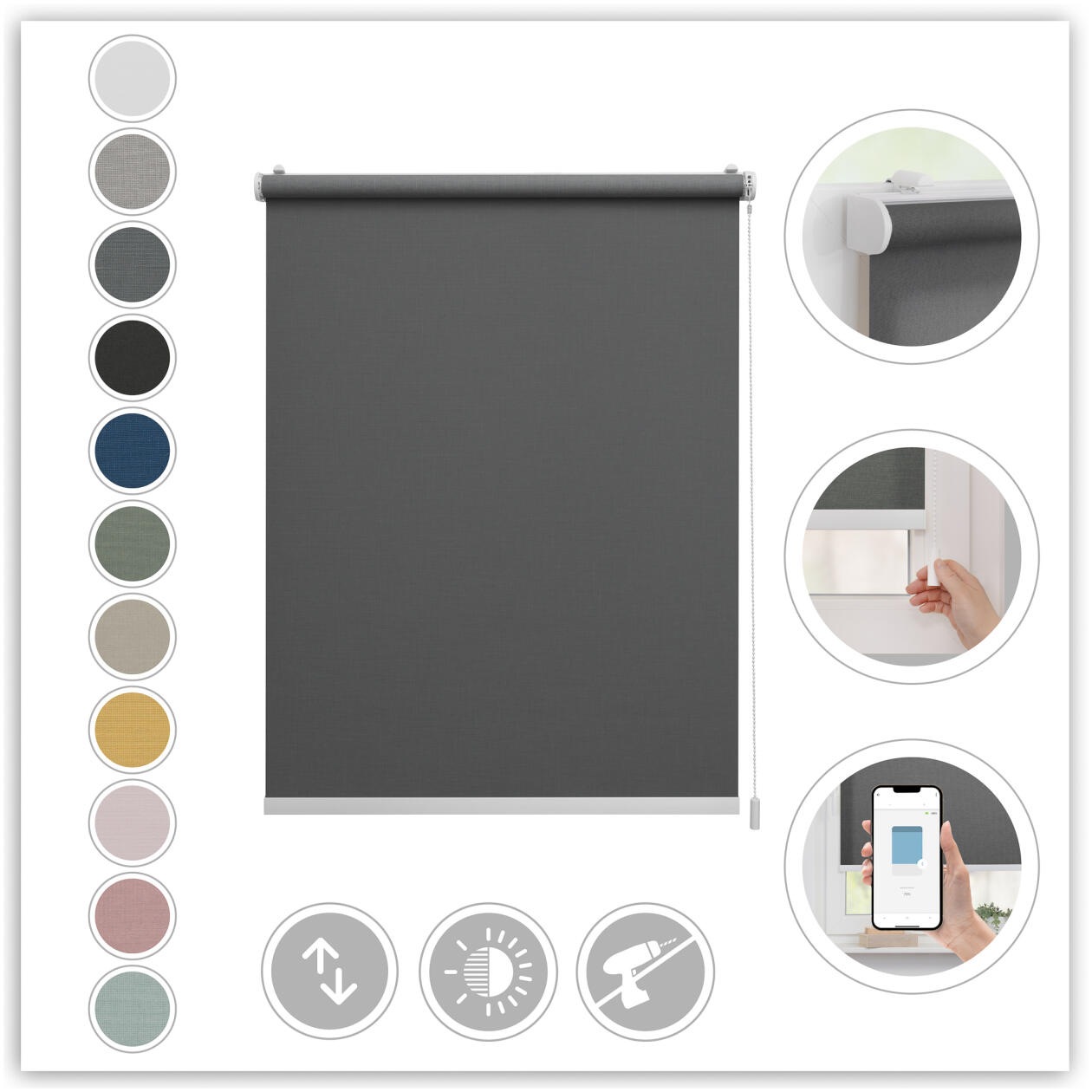 Thumbnail - LICHTBLICK ORIGINAL Rollo "Klemmfix, ohne Bohren" blickdicht Blendschutz  Sichtschutz mit Bohren/ohne Bohren freihängend...