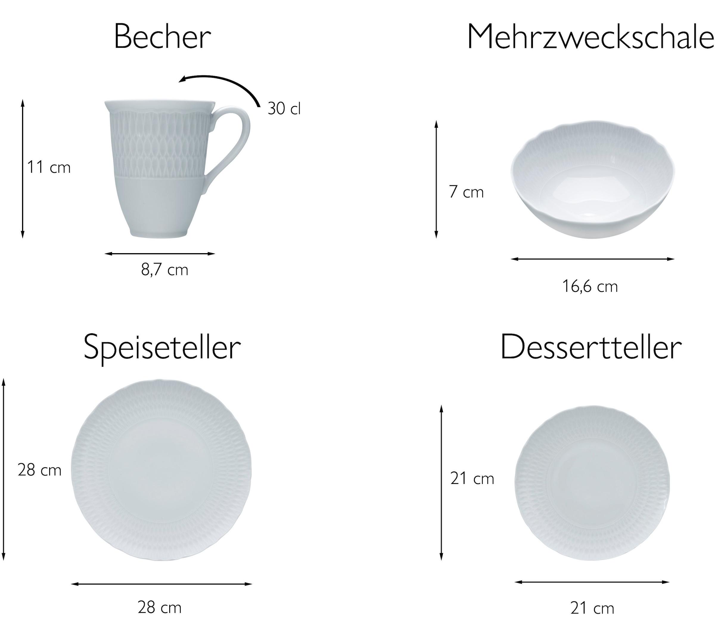 CreaTable Kombiservice »Geschirr-Set Sofia«, (Set, 8 tlg., Kaffeeservice und Tafelservice im Set, für 2 Personen), Service, klassisch elegantes Relief, 8 Teile, für 2 Personen