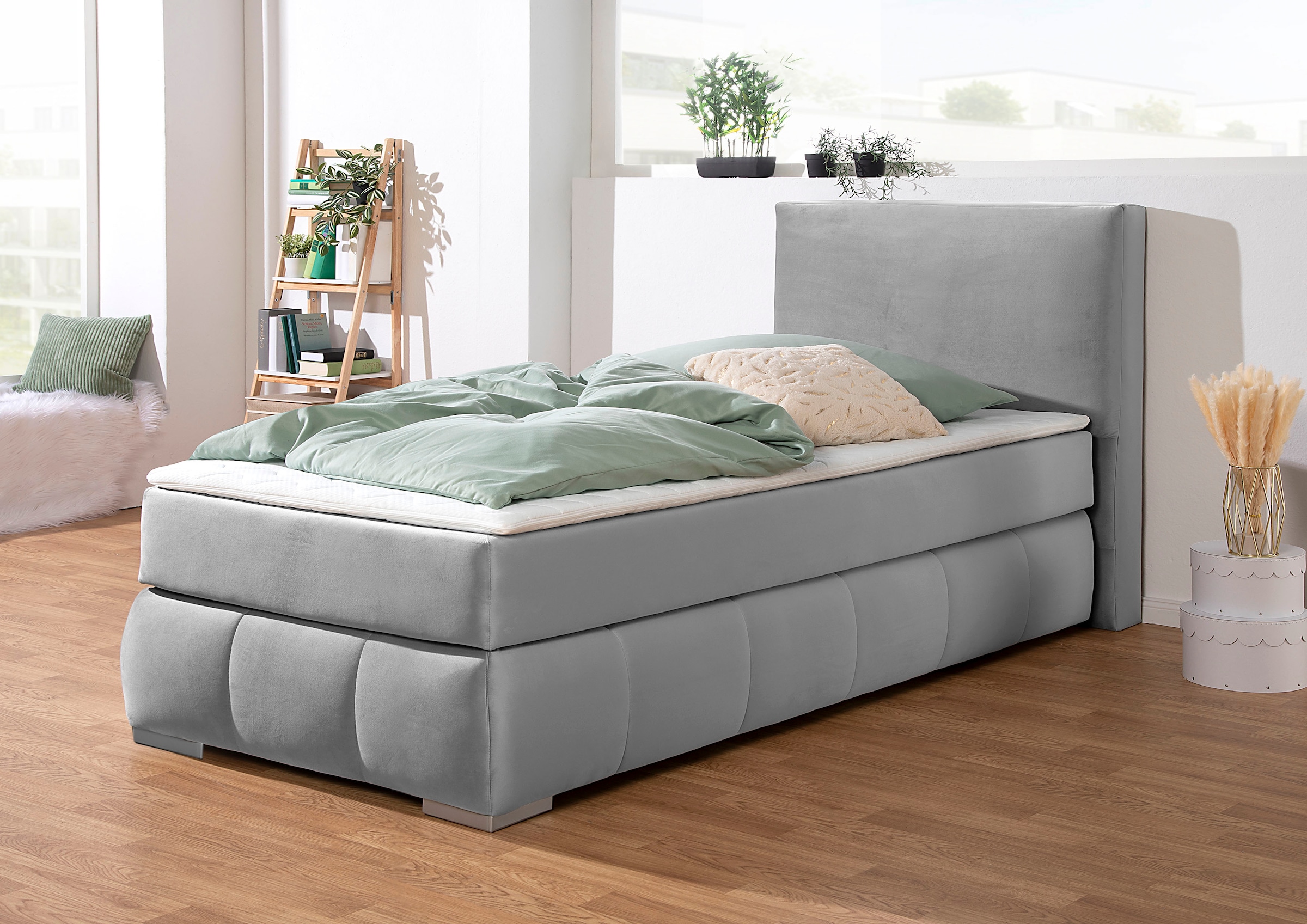 Boxspringbett HOME AFFAIRE "Wehma", silber, B:110cm L:213cm, Struktur fein (100% Polyester), Komplettbetten, Boxspringbett, inkl. Topper in 3 verschiedenen Matratzen, auch in Samtstoff