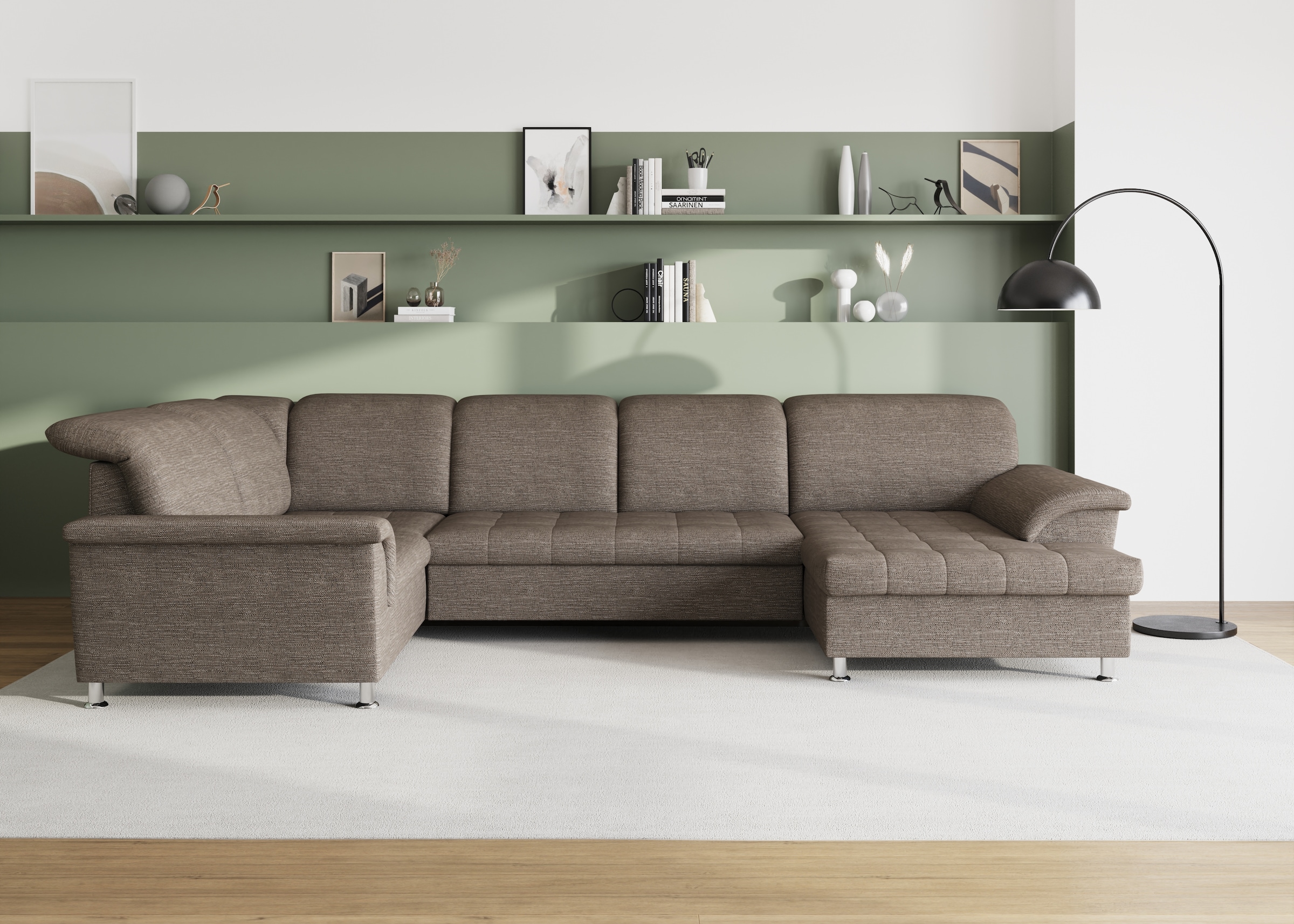 DOMO collection Wohnlandschaft "FRANZI 344x206x81 cm, elegant, komfortabel" U-Form, Recamiere rechts, beige-braun, B/T: 344/206 cm