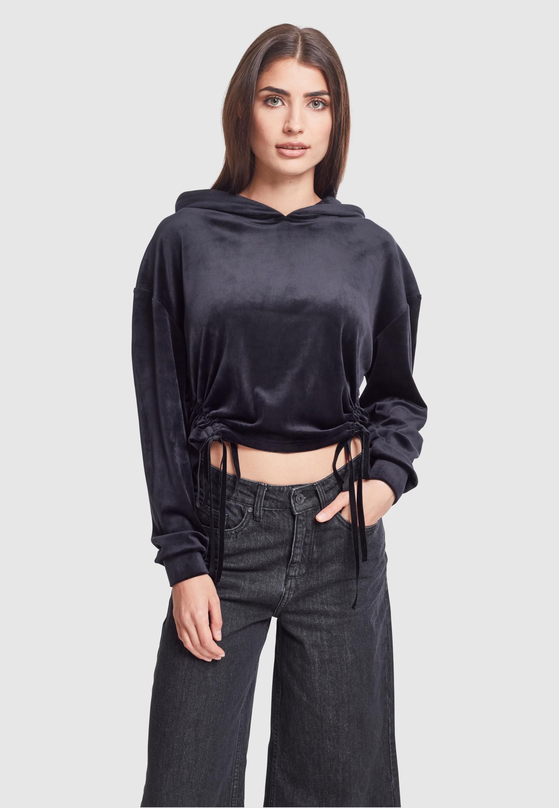 URBAN CLASSICS Rundhalspullover »Urban Classics Damen Ladies Short Velvet Gathered Hoody«, (1 tlg.)