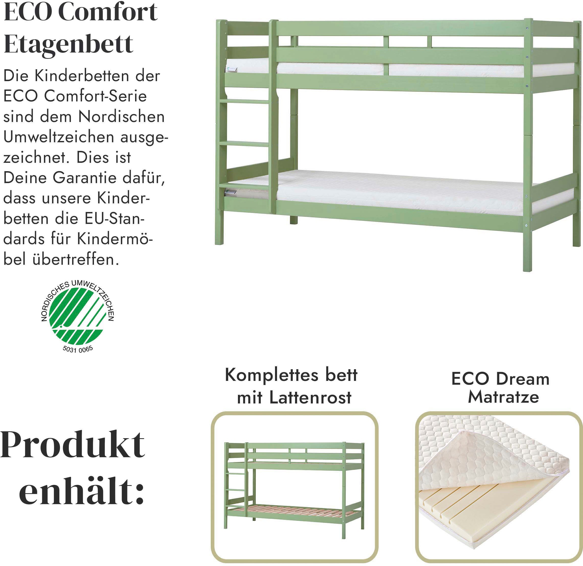 Hoppekids Etagenbett »ECO Comfort Kinderbett 90x200 oder 70x160 aus Massivholz in 4 Farben«, TÜV, FSC und Nordisches Umweltzeichen – wahlweise mit Matratzen