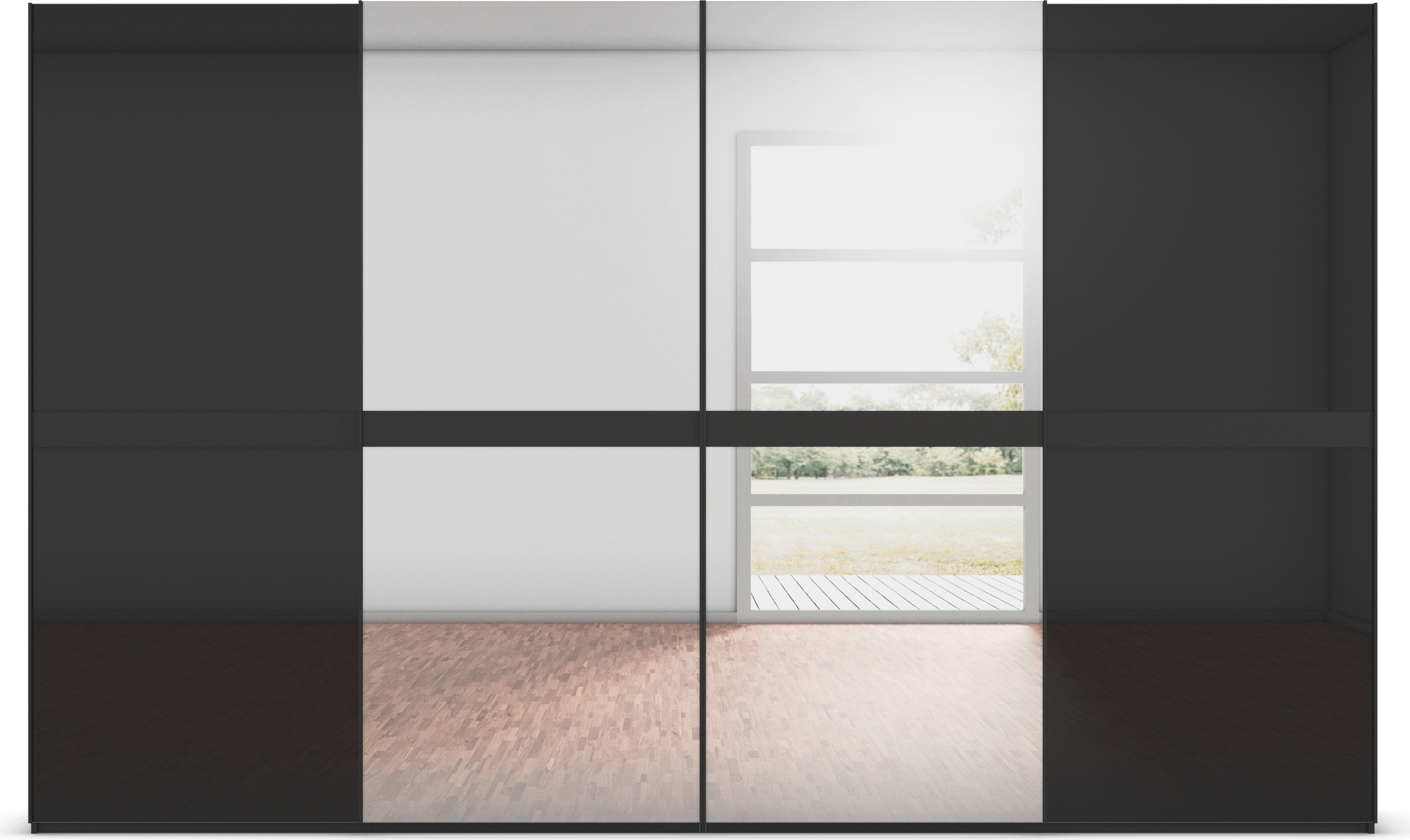 rauch Schwebetürenschrank »Kleiderschrank Schrank Garderobe Schlafzimmerschrank SCALE-LINE«, edle Optik mit Bauchbinde mit Glas/Spiegel-Front MADE IN GERMANY