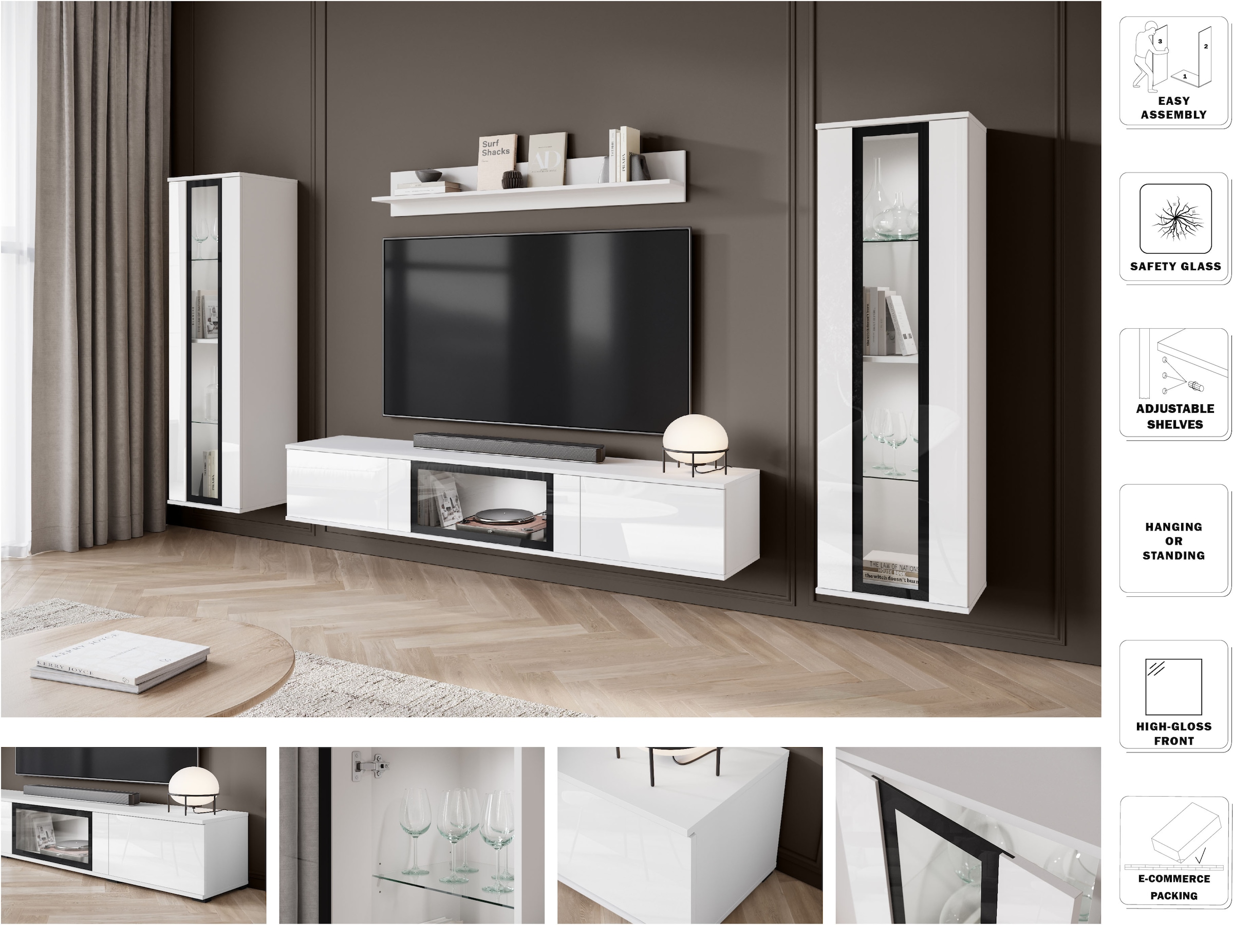INOSIGN Wohnwand »Caro, stehend und hängend montierbar«, (Komplett-Set, 4 St., Vitrine Türanschlag links/rechts wechselbar), grifflose Design, höhenverstellbare Einlegeböden
