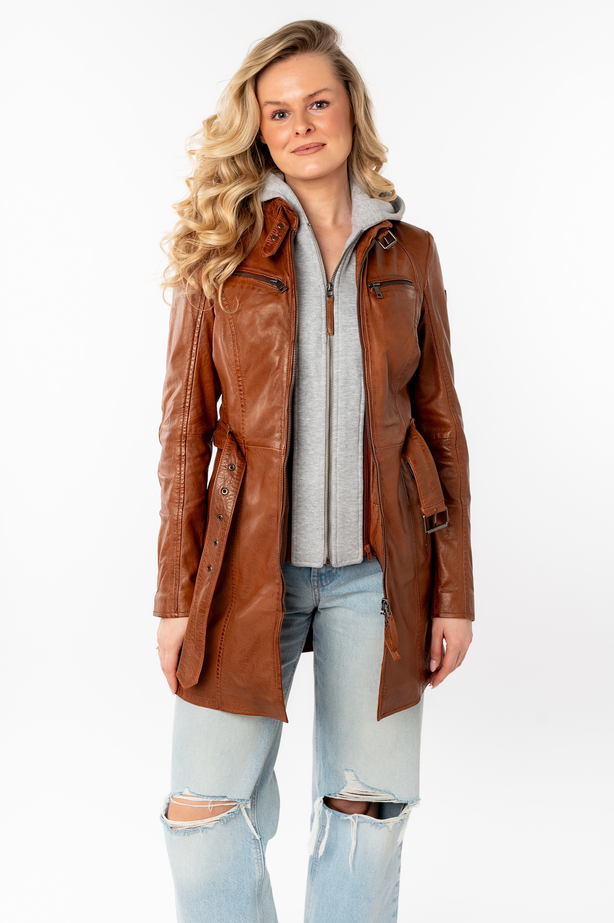 Mauritius Lederjacke "Bente OT 2" mit Gürtel, mit Kapuze (mit Gürtel) lange günstig online kaufen