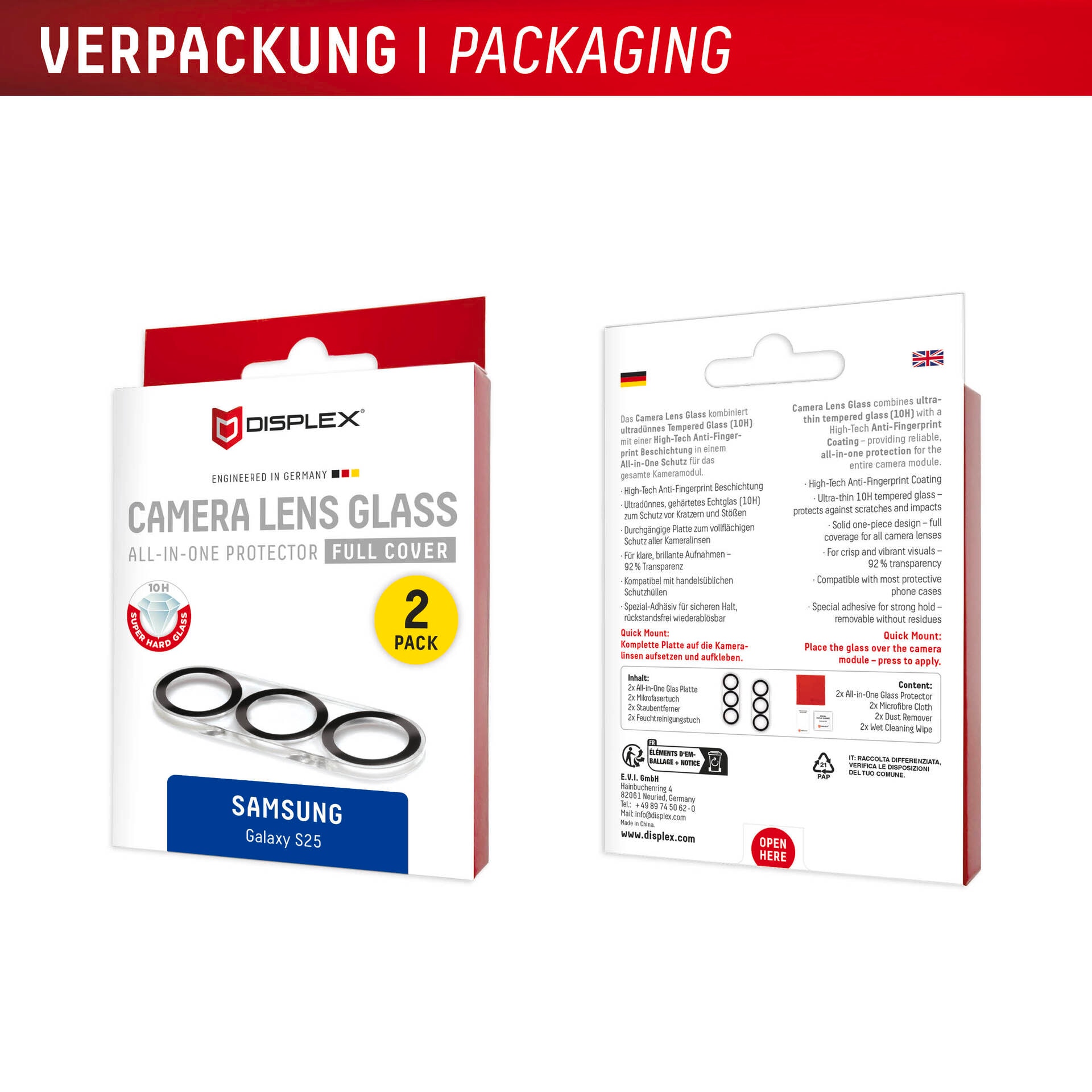 Displex Kameraschutzglas »Camera Lens Glass All-In-One Protector Full Cover«, für Samsung Galaxy S25, (Packung, 2x All-In-One Glas), Objektivschutz, Kameraschutz, kratz- & stoßfest