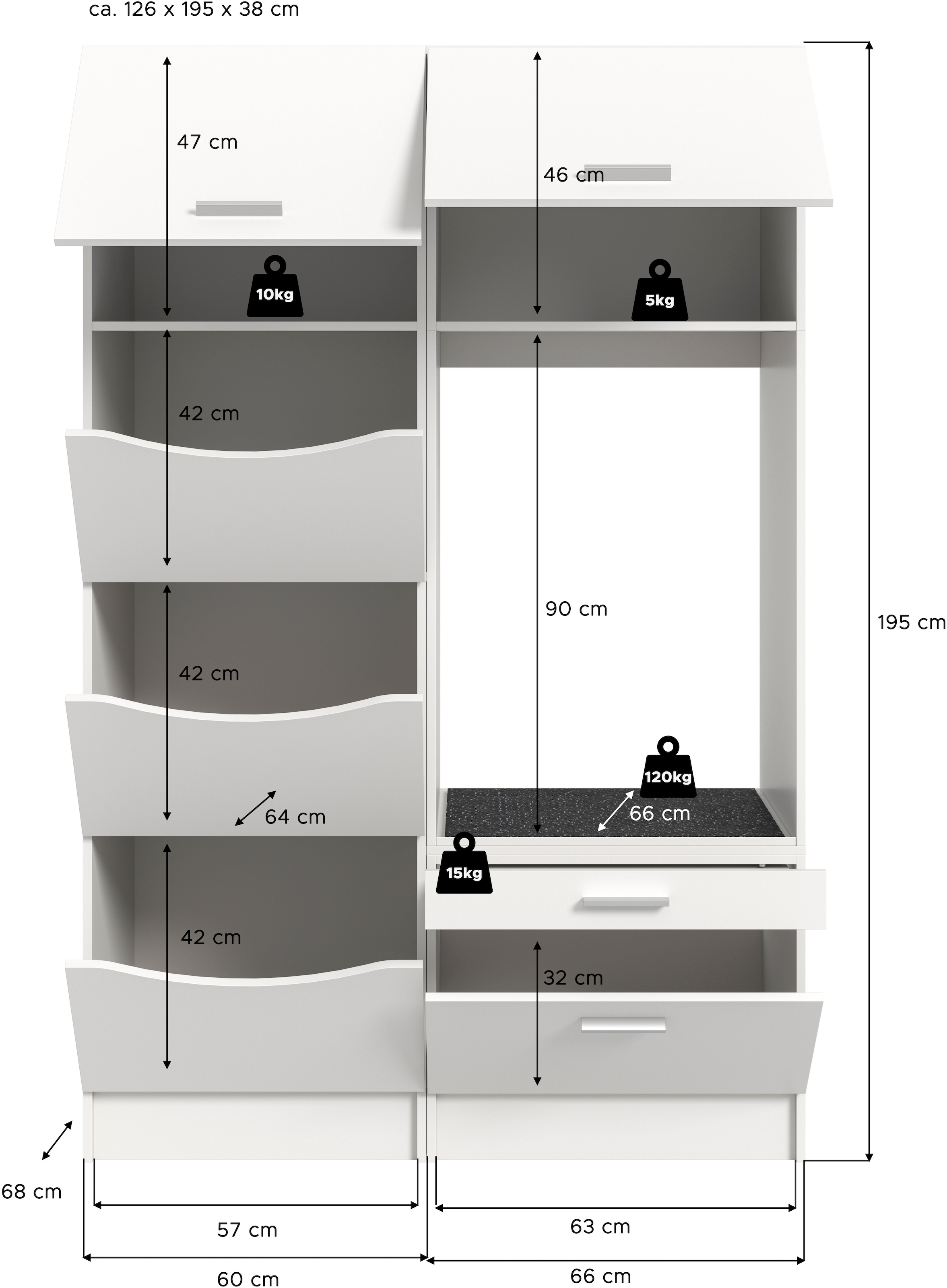 welltime Badmöbel-Set »FALAS, TOPSELLER!, 2-teilig, Hauswirtschaftsraum Set, Breite 126 cm«, (Set, 2 St., bestehend aus: 1x Wäscheschrank & 1x Waschmaschinenumbauschrank), Kombination, Waschmaschinenumbau, Waschmaschinenschrank, Wäschekammer