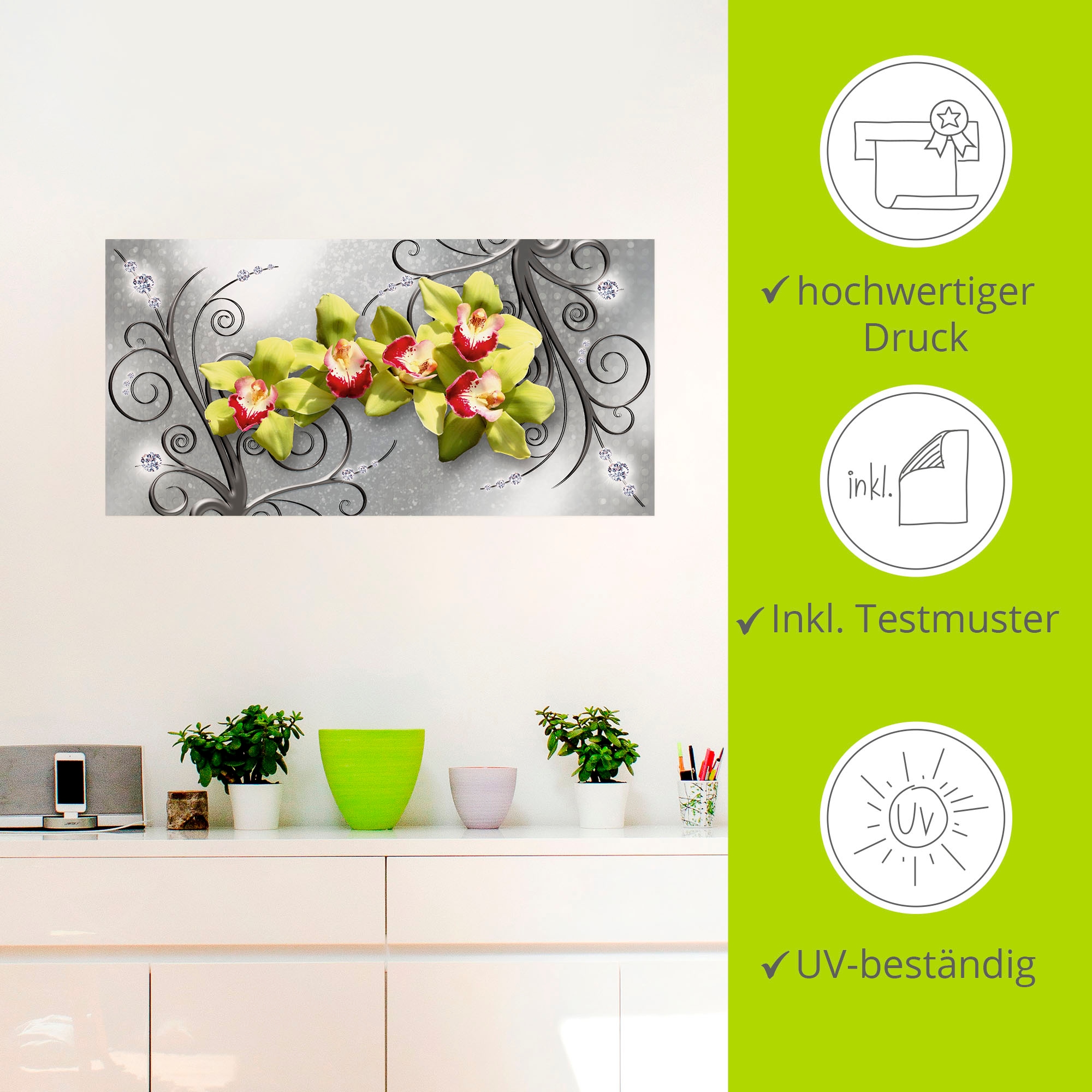 Artland Wandbild »Grüne Orchideen auf Ornamenten«, Blumenbilder, (1 St.), als Alubild, Outdoorbild, Leinwandbild, Poster, Wandaufkleber