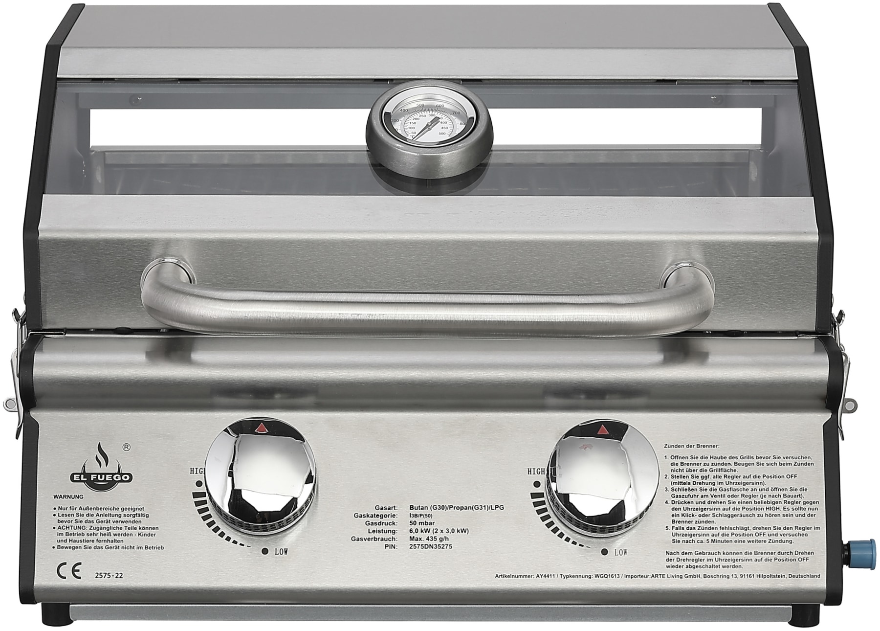 El Fuego Gasgrill »Jesolo« 6 kW (2 Brenner je 3 kW), mit Piezozündung