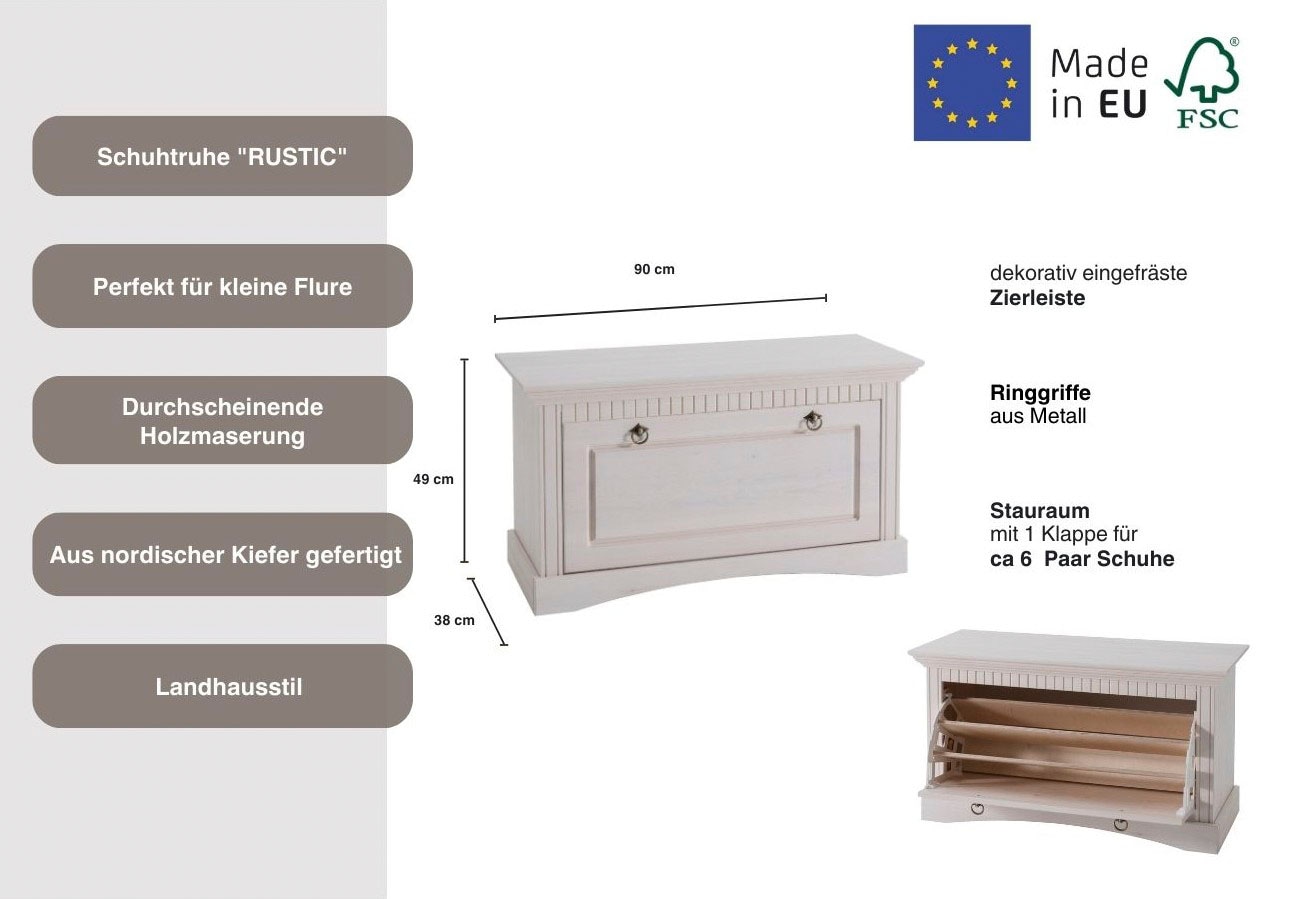 Home affaire Schuhtruhe »Rustic«, aus massiver Kiefer, Sithöhe 49 cm, mit Kassetenoptik