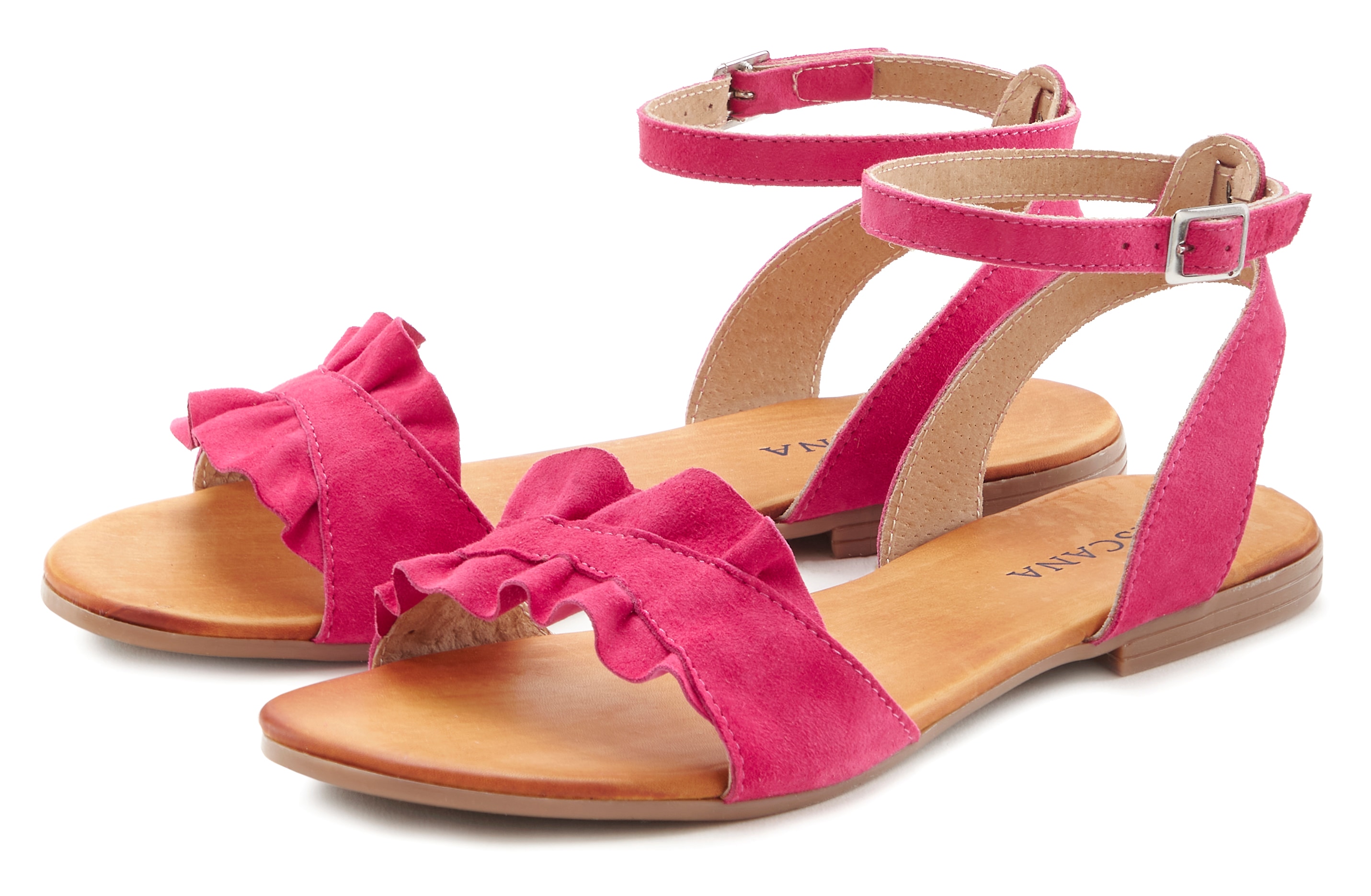 LASCANA Sandale "offener Schuh," Sandalette, Sommerschuh aus hochwertigem Leder mit kleinen Rüschen