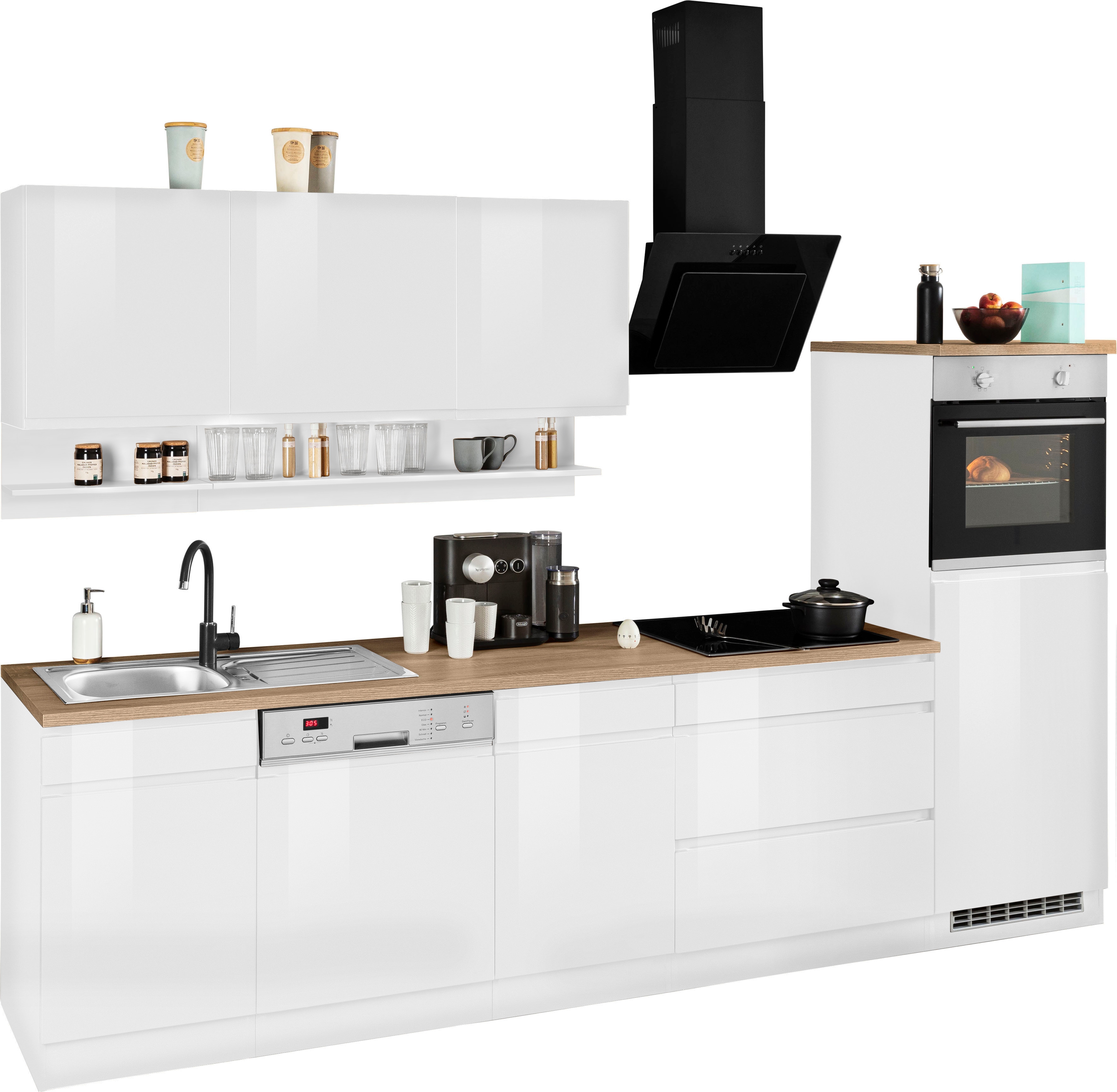KOCHSTATION Küchenzeile "KS-Virginia,neu in verbesserter Ausführung" Arbeitsplatte 38 mm stark, Stauraum, Softclose, Breite 300 cm, Soft-Close, wahlweise mit E-Geräten