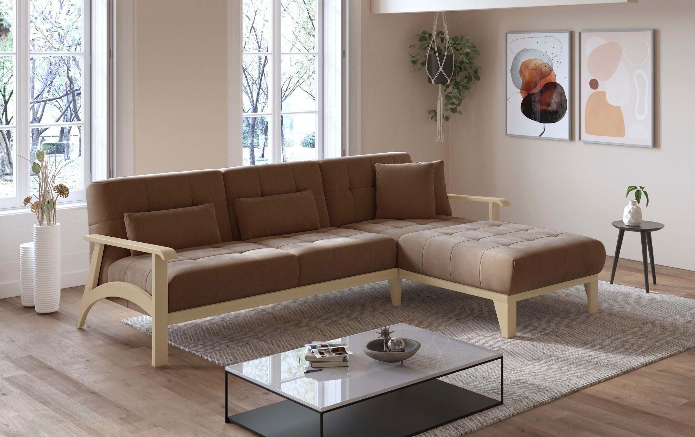sit&more Ecksofa »Billund L-Form«, Armlehnen aus Buchenholz in natur, verschiedene Bezüge und Farben