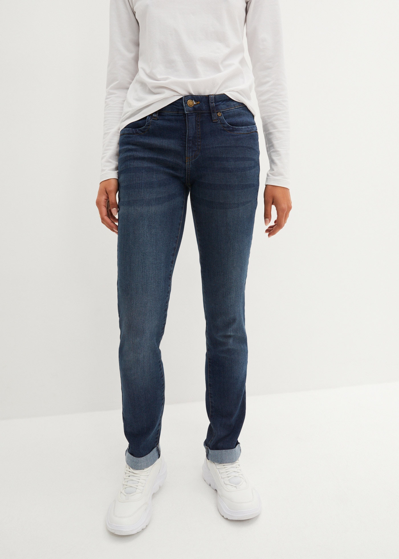 bonprix "Straight Jeans Mid Waist, Stretch" Regular Fit, mit Aufschlag, im Five-Pocket-Style