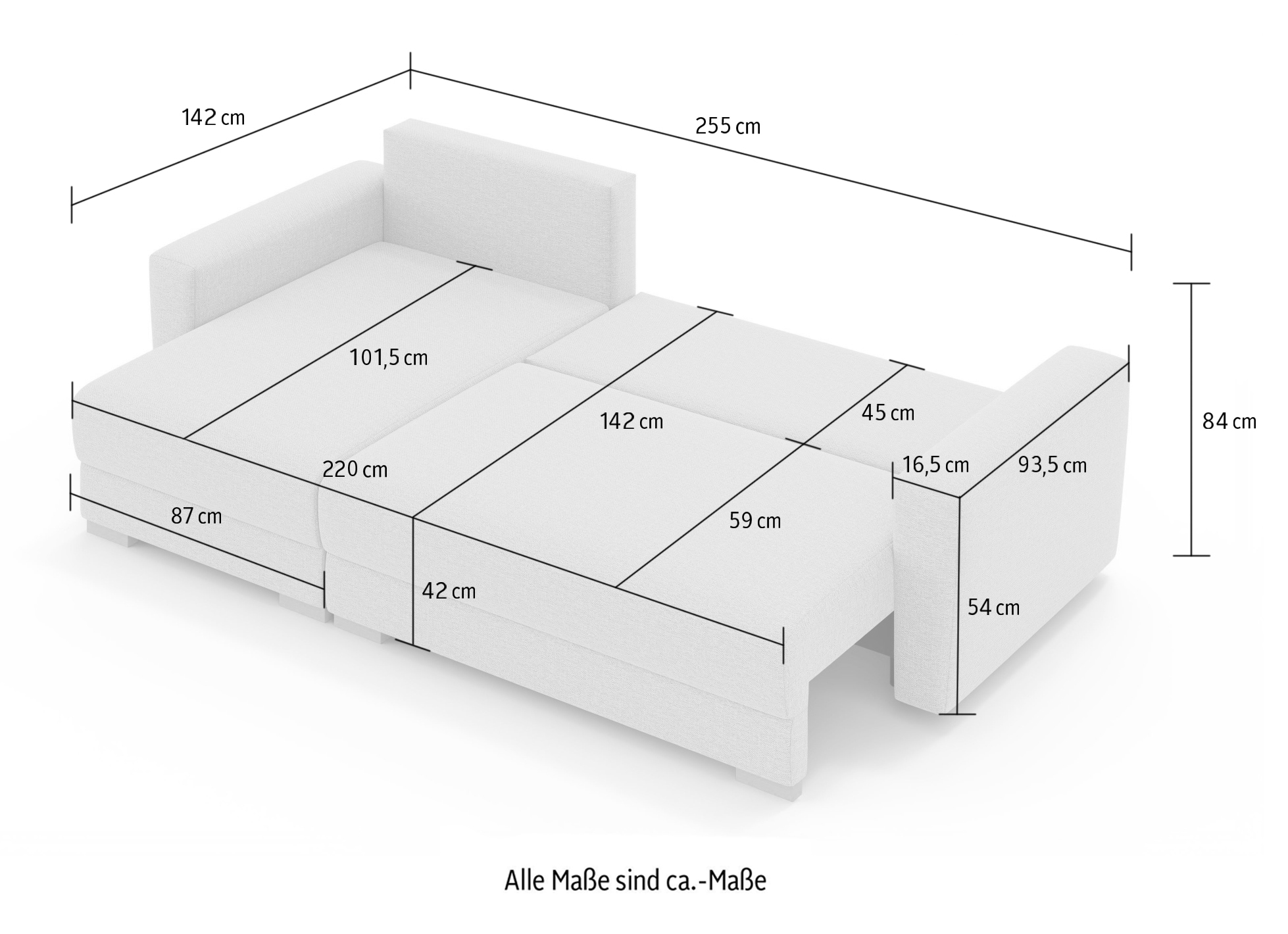 INOSIGN Ecksofa »MAGHERA universell Schlafsofa mit Bettkasten, Maße B/T/H: 255/142/84cm« L-Form mit Recamiere rechts oder links montierbar, hoher Sitzkomfort