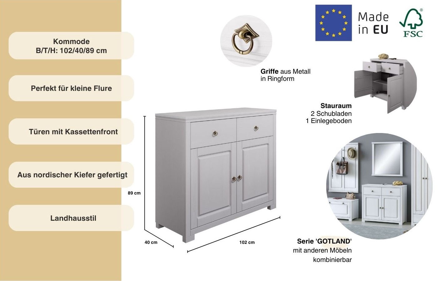 Thumbnail - OTTO home Kommode "Gotland" aus massiver Kiefer, mit 2 Schubladen, FSC, Breite 102 cm