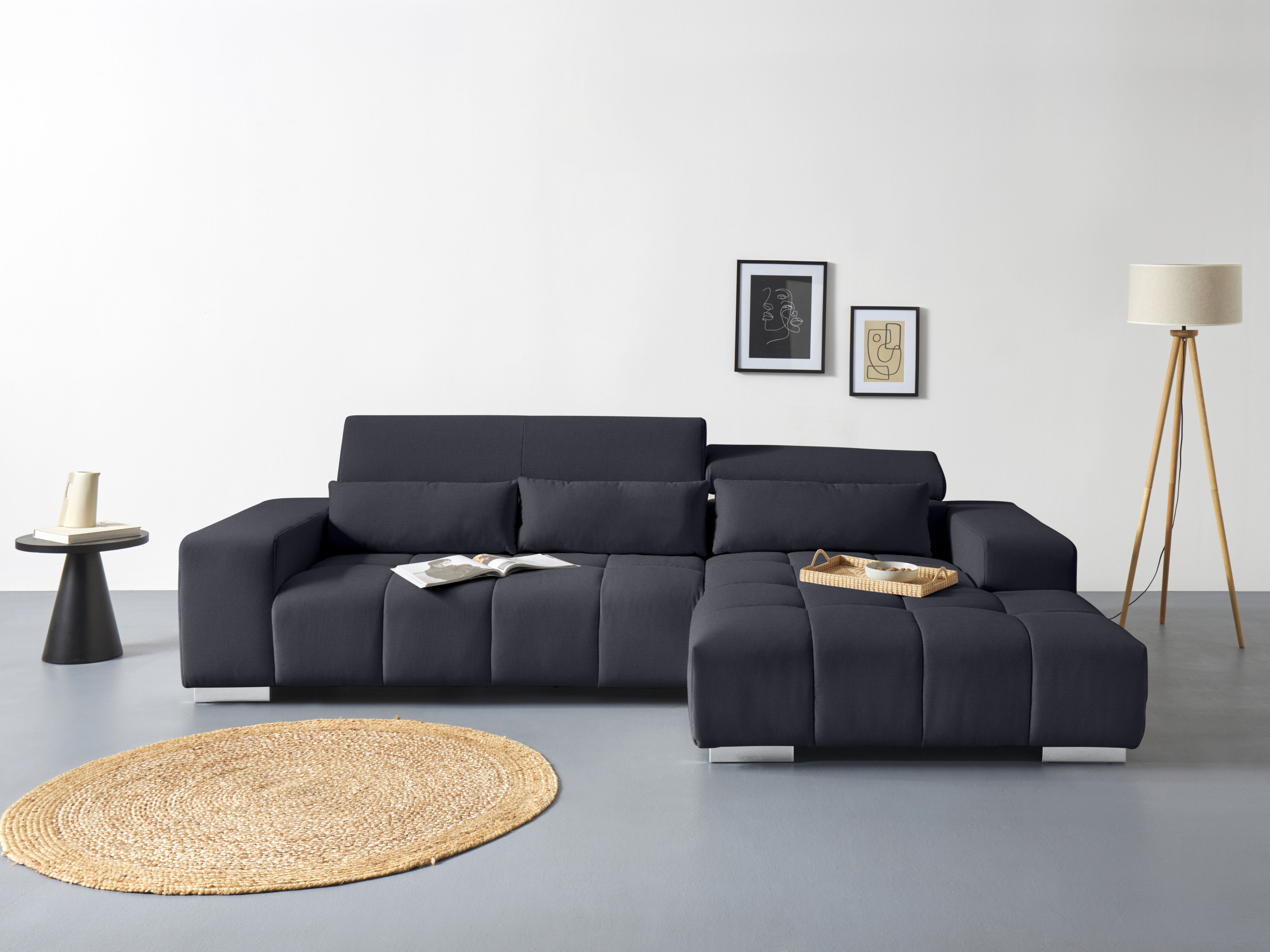 COTTA Ecksofa "Orion L-Form, B: 307 cm, moderne Steppung, bequeme Wellenunterfederung" 2x Kopfteilverstellung & 3 Nierenkissen
