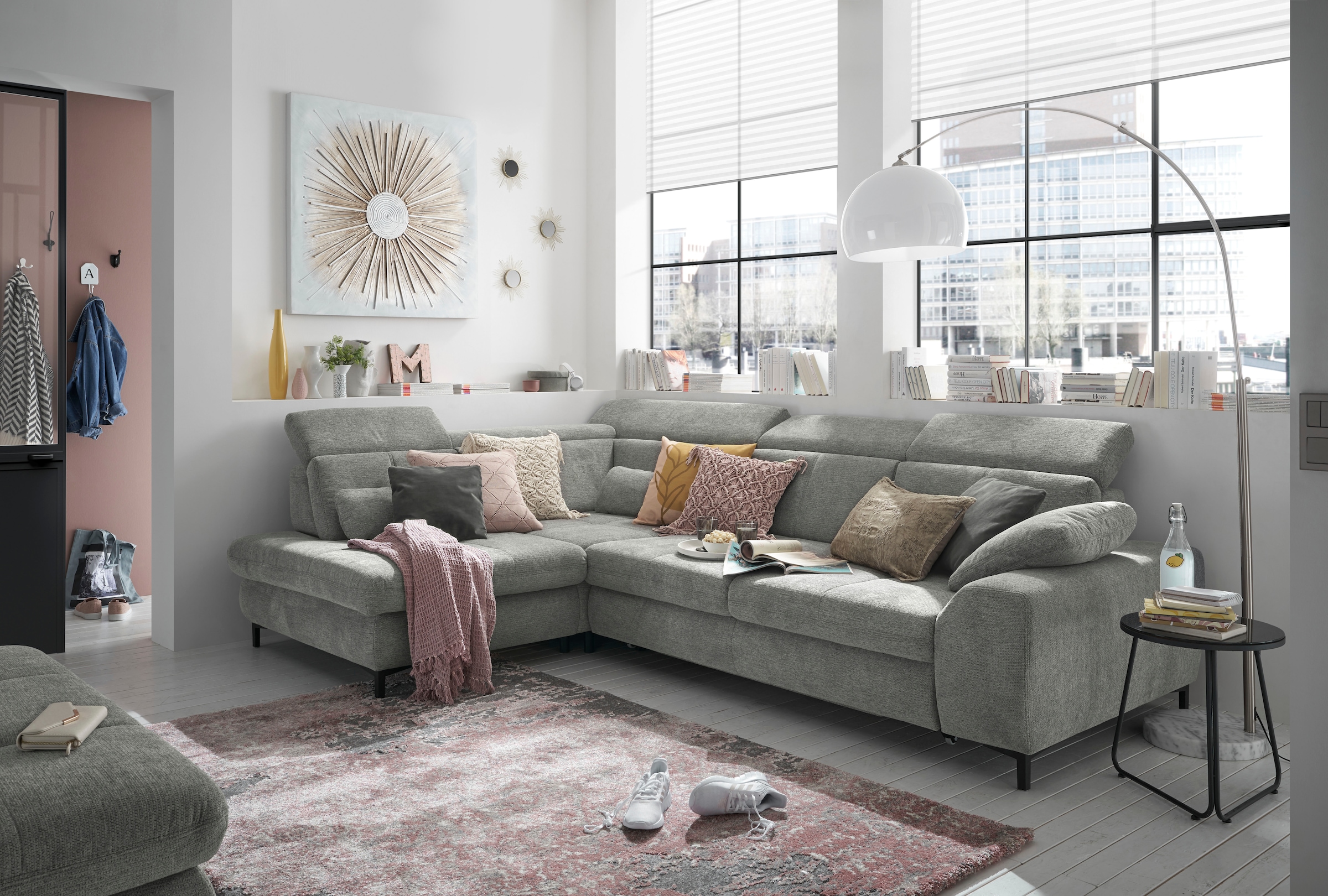 set one by Musterring Ecksofa »SO 3400 Sitzhöhe 47cm oder 49cm, Sitztiefe verstellbar, B/T 317/220 cm«, Kaltschaumpolsterung, Flachgewebe, whlw. mit Funktionen, Sitzhöhe 47
