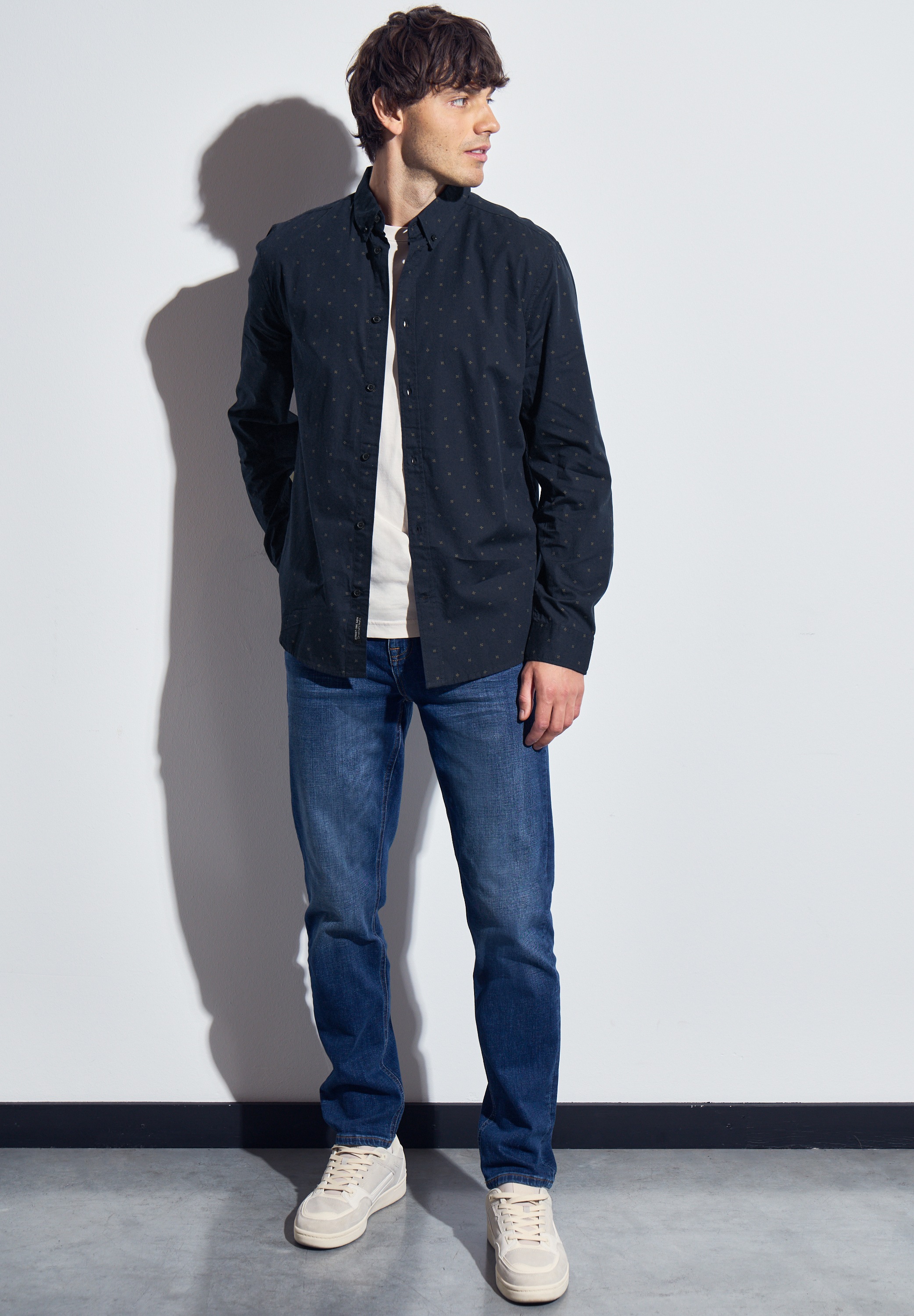 Langarmhemd STREET ONE MEN, Herren, Gr. XL44, US-Größen, blau (night blau), Web, 100% Baumwolle, gemustert, normal normal, V-Ausschnitt, Bündchen, Hemden, aus reiner Baumwolle 2