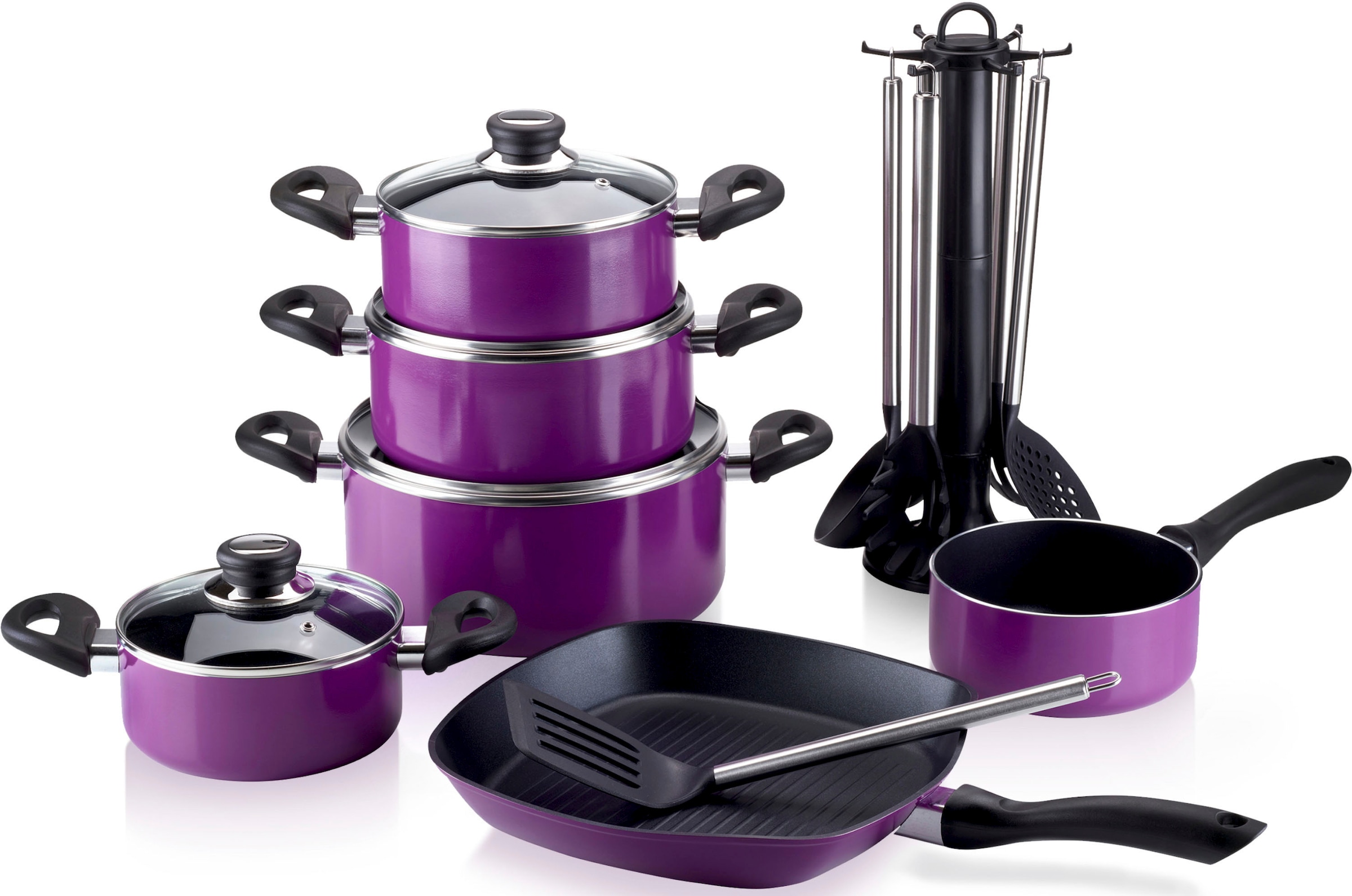 KRÜGER Topf-Set "Aluguss Topf- und Pfannenset inkl. praktischen Küchenhelfern, 17 tlg.", lila, Töpfe, inkl. 7-tlg. Küchenhelfer-Set
